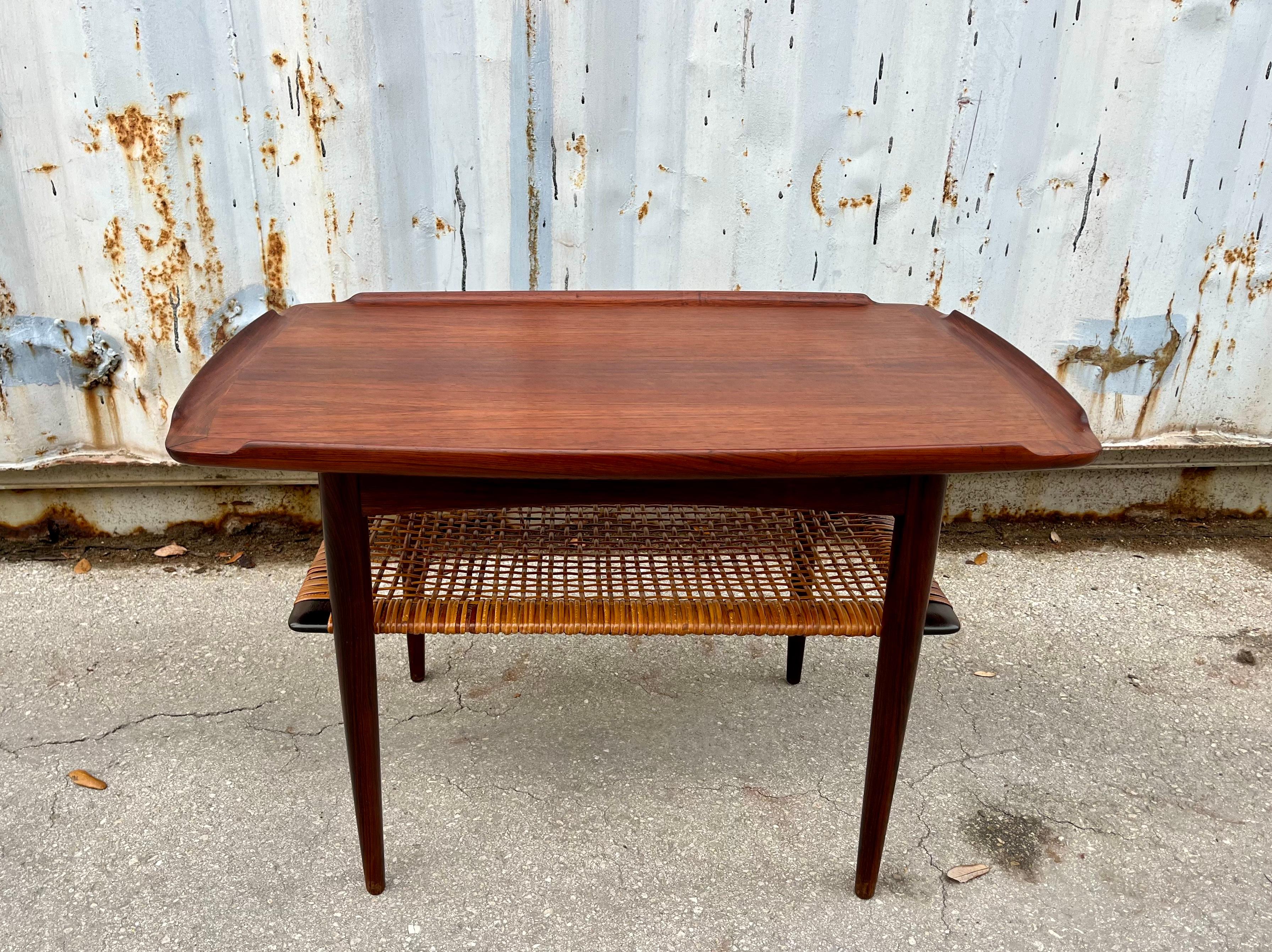 Cane Mid Century Modern Teak Side Table by Poul Jensen for Selig, Denmark. C 1960s