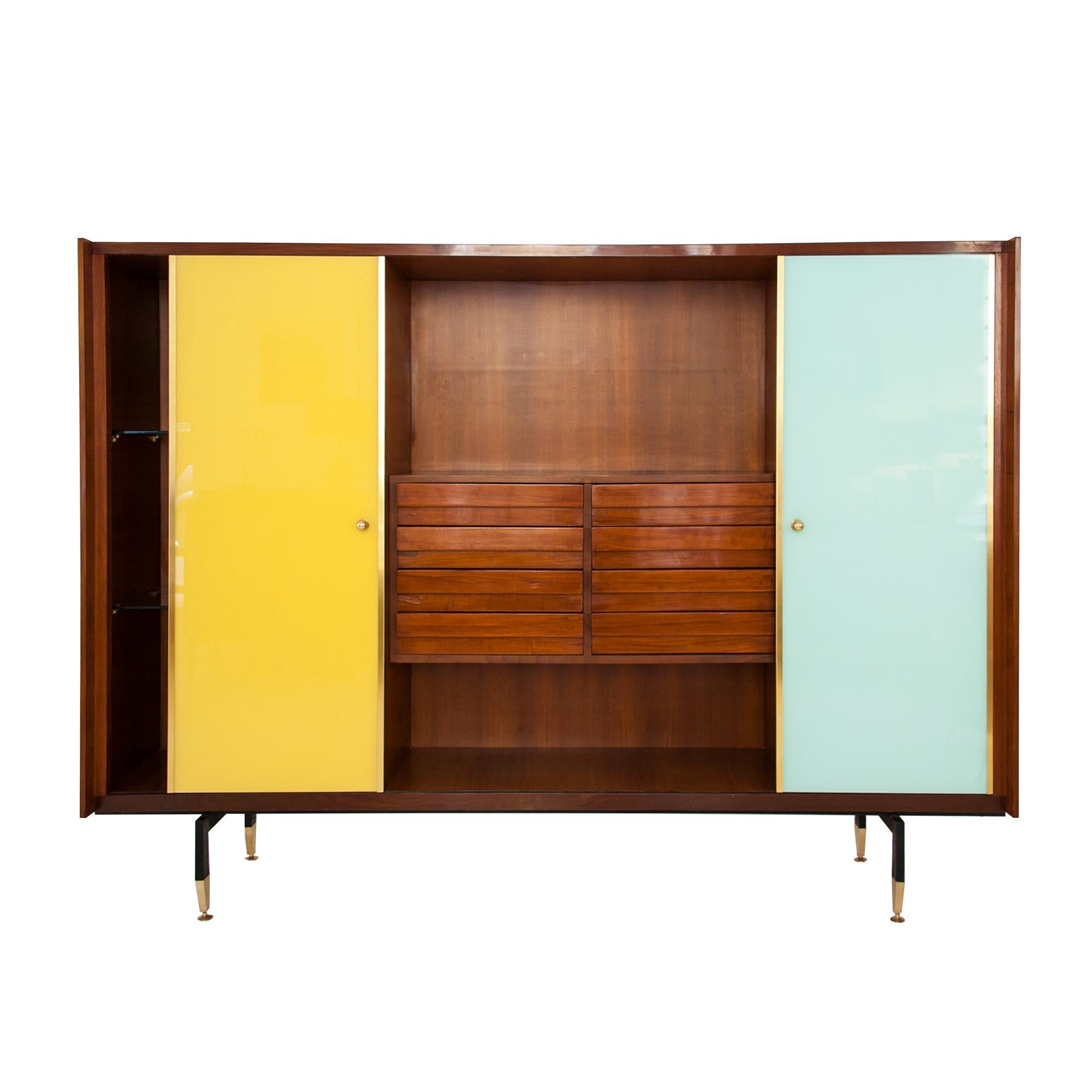 Italian Mid-Century Modern Teak Sideboard with Colored Glass Sliders, Italy, 1960