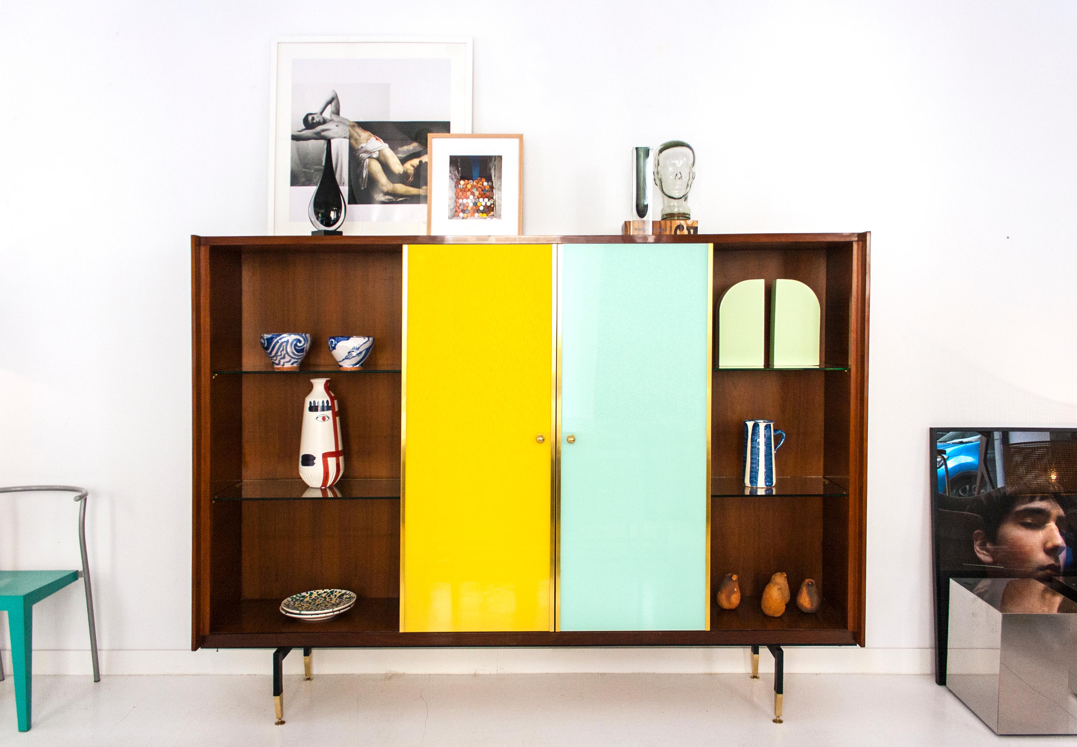 Mid-Century Modern Teak Sideboard with Colored Glass Sliders, Italy, 1960 1
