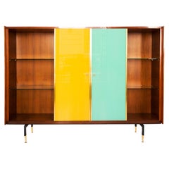 Vintage Mid-Century Modern Teak Sideboard with Colored Glass Sliders, Italy, 1960