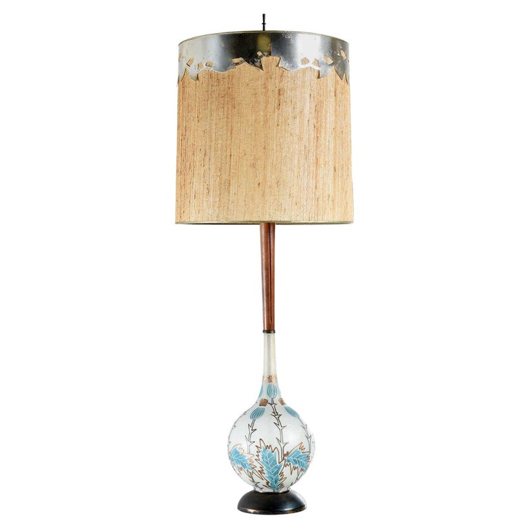 Mid Century Modern Teak Stem Art Glass Globe Table Lamp