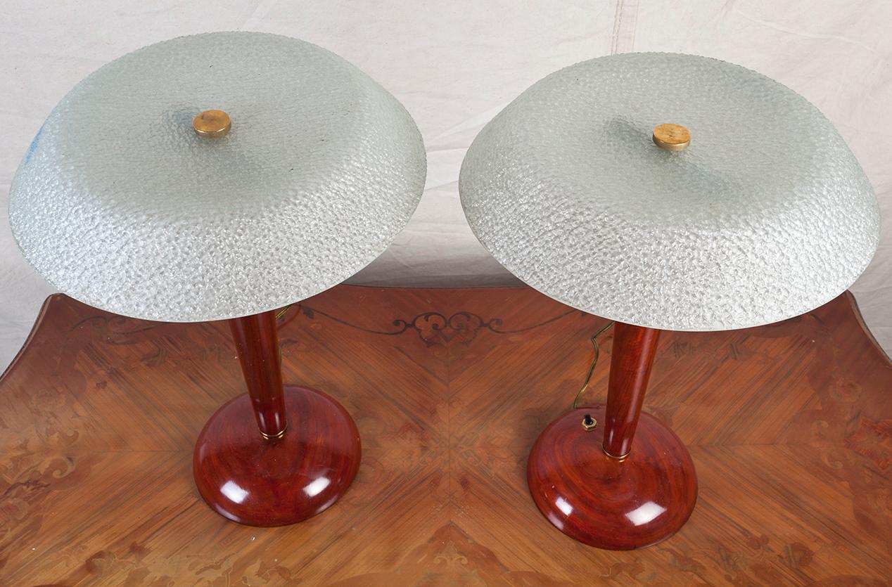European Mid-Century Modern Teak Table Lamps with Frosted Shade