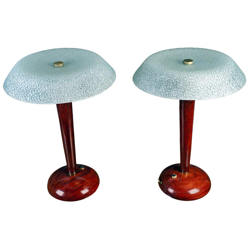 Mid-Century Modern Teak Table Lamps with Frosted Shade