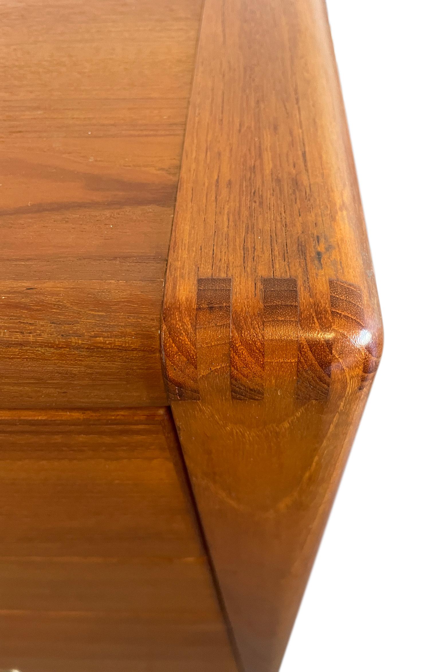 Danish Mid-Century Modern Teak Tall 7 Drawer Dresser Brass Finger Pulls For Sale