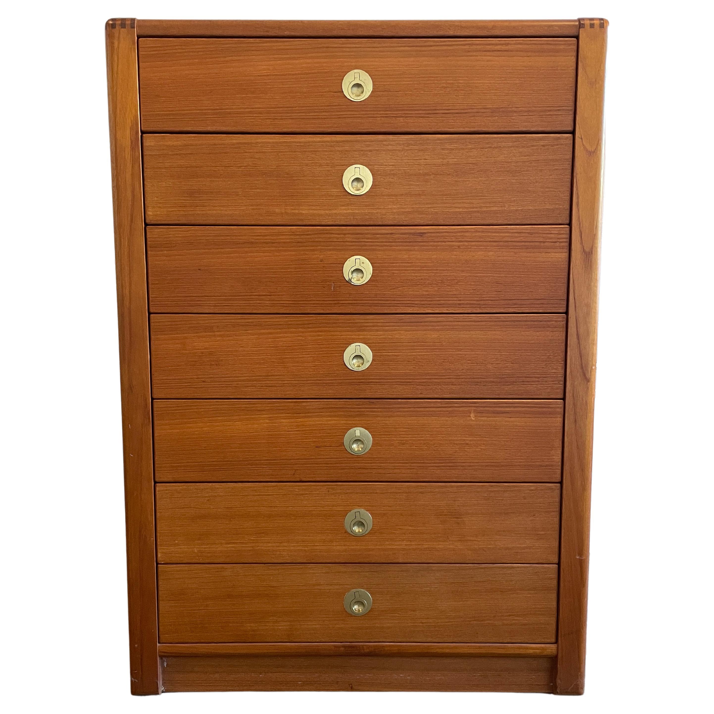 Mid-Century Modern Teak Tall 7 Drawer Dresser Brass Finger Pulls For Sale