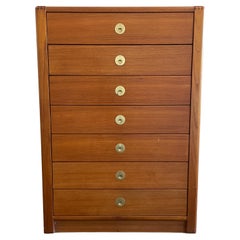 Retro Mid-Century Modern Teak Tall 7 Drawer Dresser Brass Finger Pulls