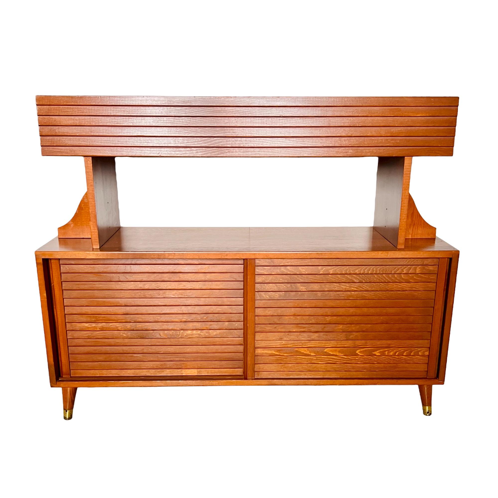 Hand-Crafted Mid-Century Modern Teak Tambour Credenza with Floating Shelf