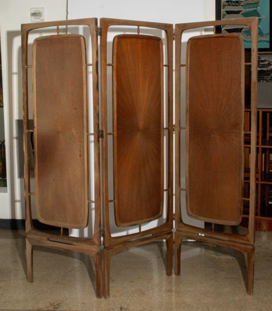 Mid-Century Modern Teak Three Panel Folding Screen, each section with rectangular floating panel inside, reverse with starburst pattern and unique botanical designs, turned supports within a rounded rectangular frame on two feet. Each panel: 72.25