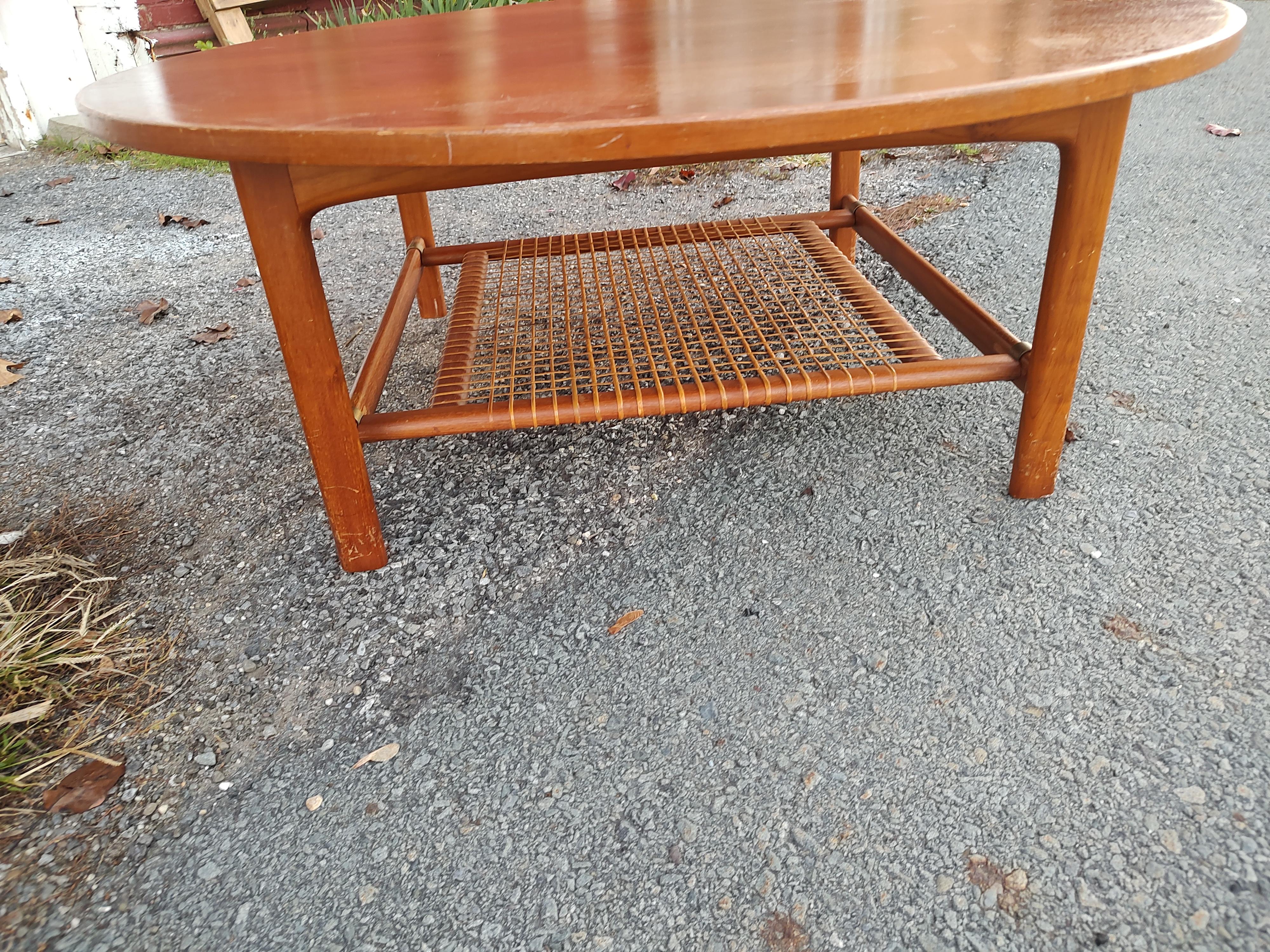 Brass Mid-Century Modern Teak with Woven Shelf Cocktail Table by Dux Sweden For Sale