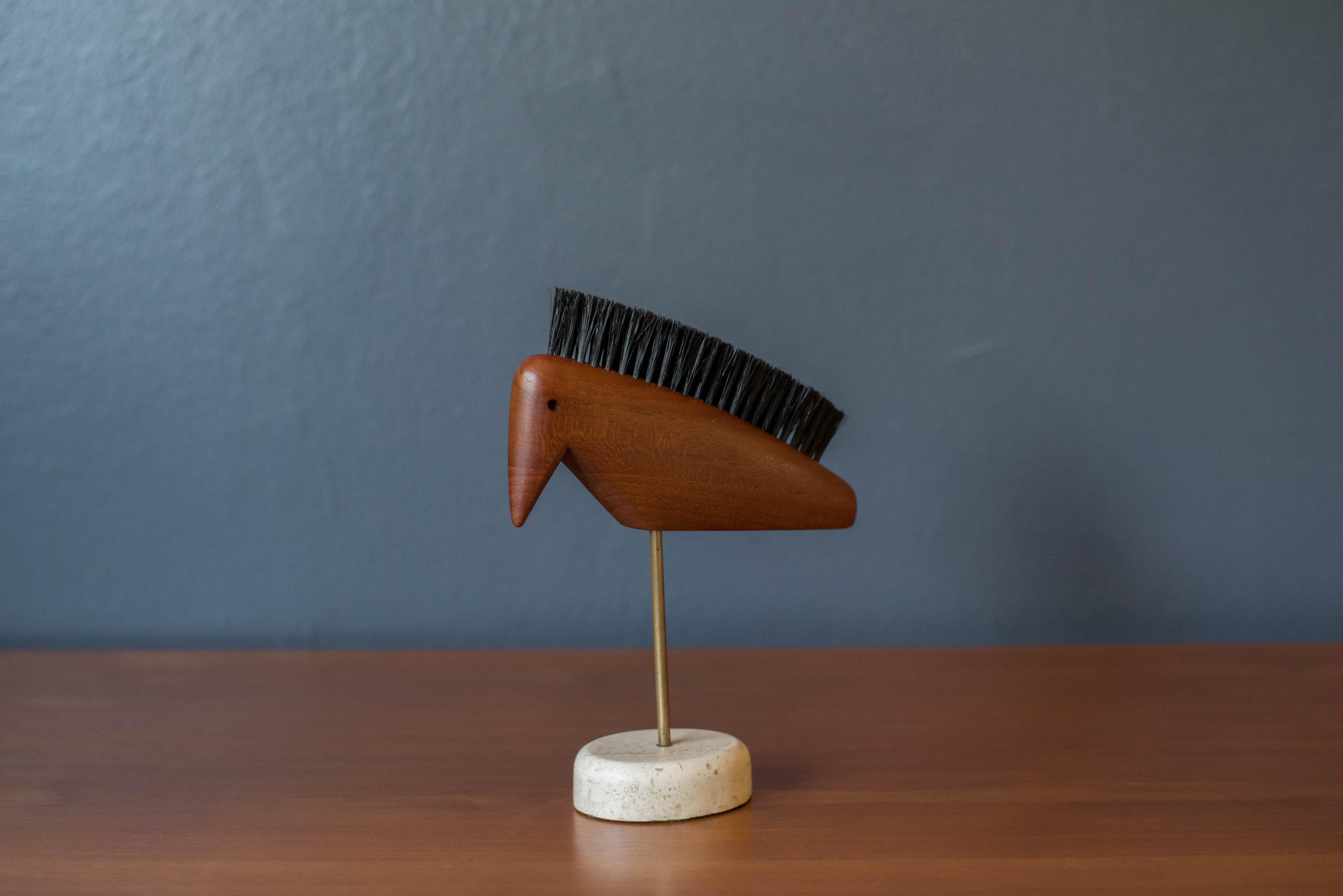 Scandinavian Modern Mid Century Modern Teak Wood Animal Bird Sculpture Shoe Brush on Stone  For Sale