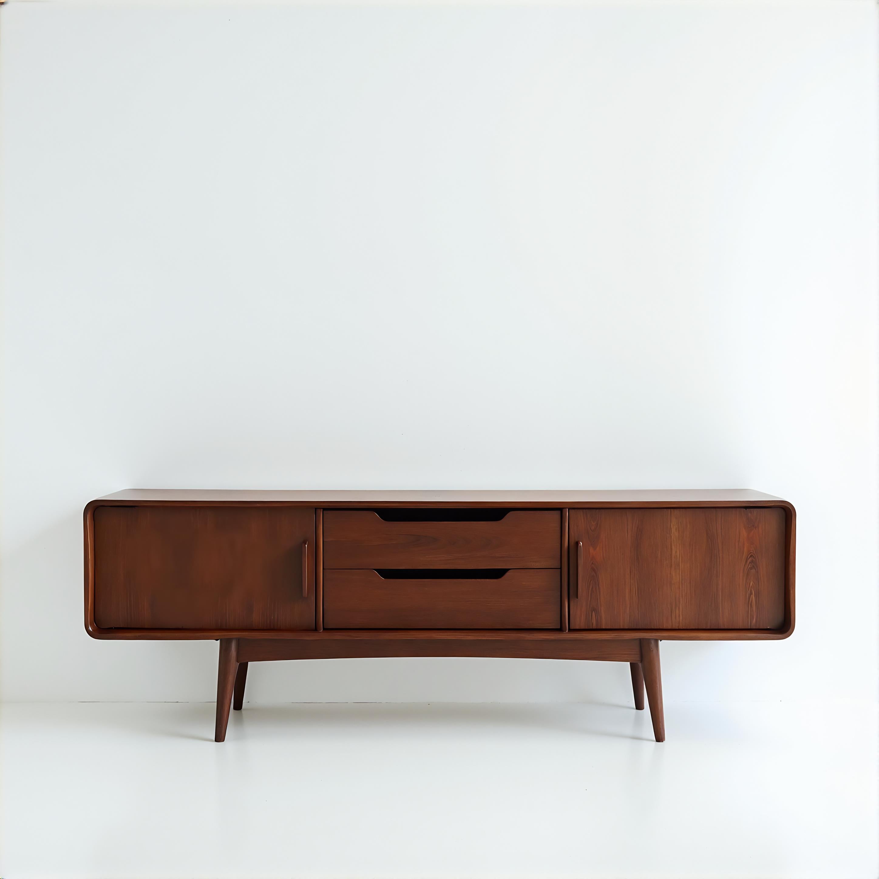 Crafted from premium solid teak wood, this mid-century modern credenza is a timeless addition to any interior. Its soft, rounded edges and dark toned finish exude sophistication, while the sleek silhouette blends seamlessly with both modern and