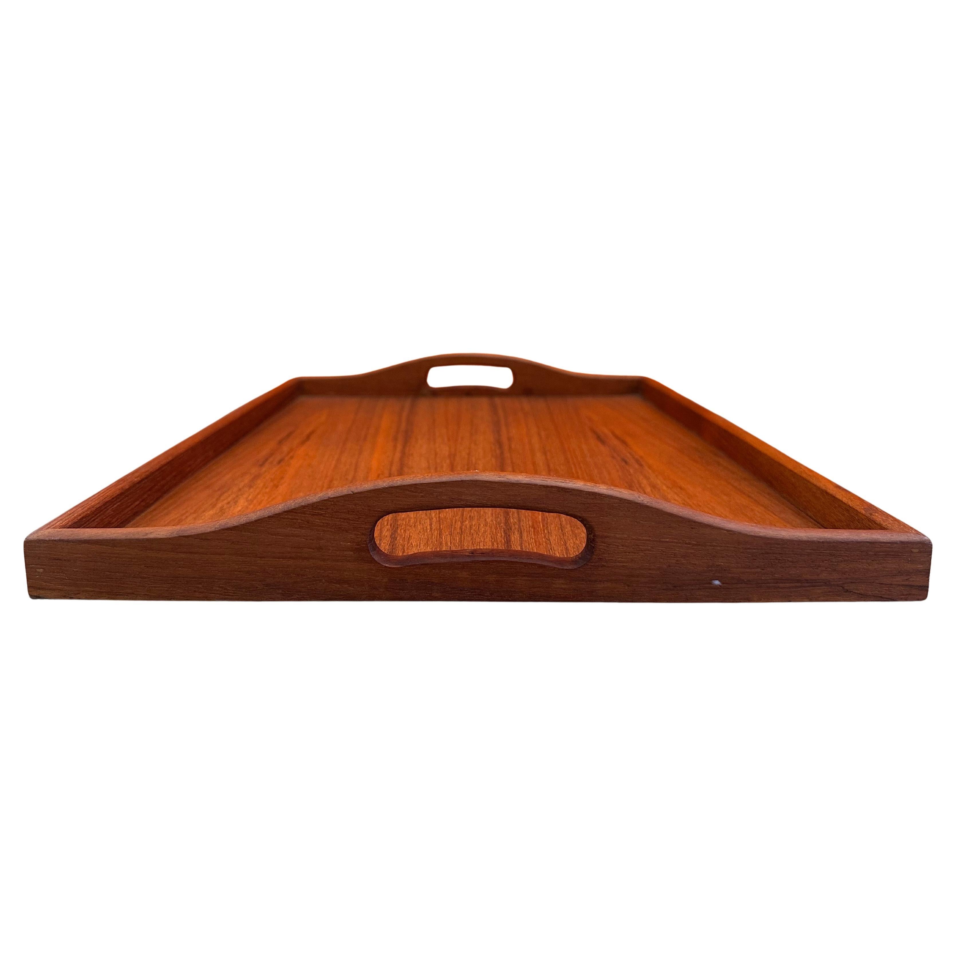 Hand-Crafted Mid Century Modern Teak Wood Serving Tray with Handles For Sale
