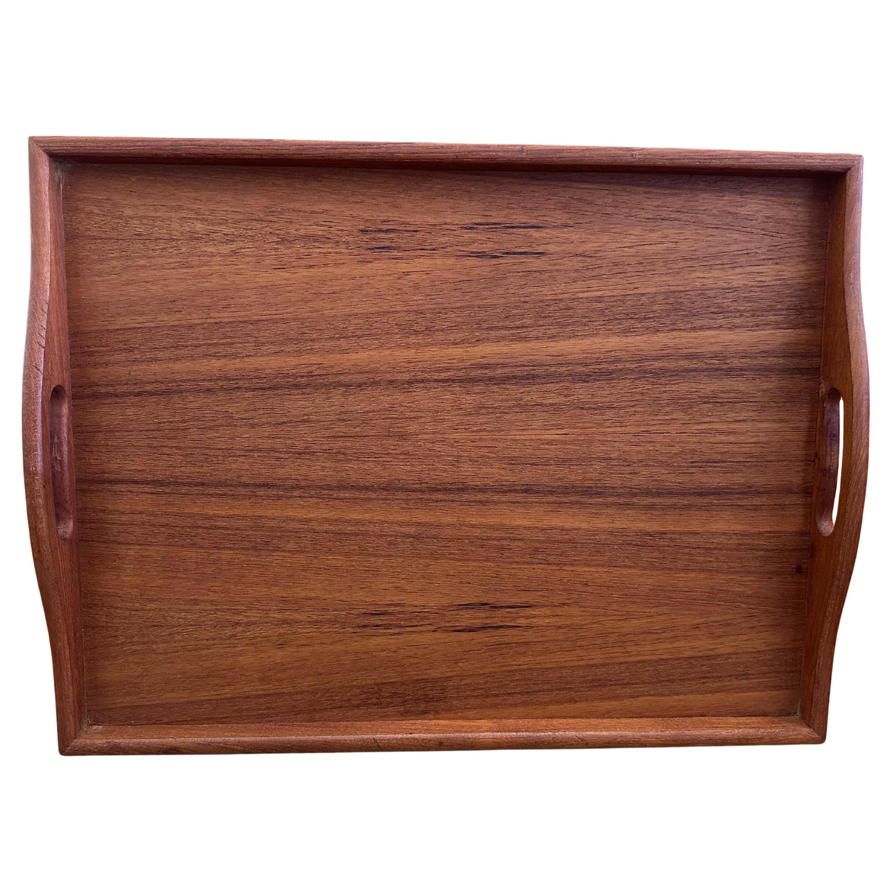 Mid Century Modern Teak Wood Serving Tray with Handles For Sale 1