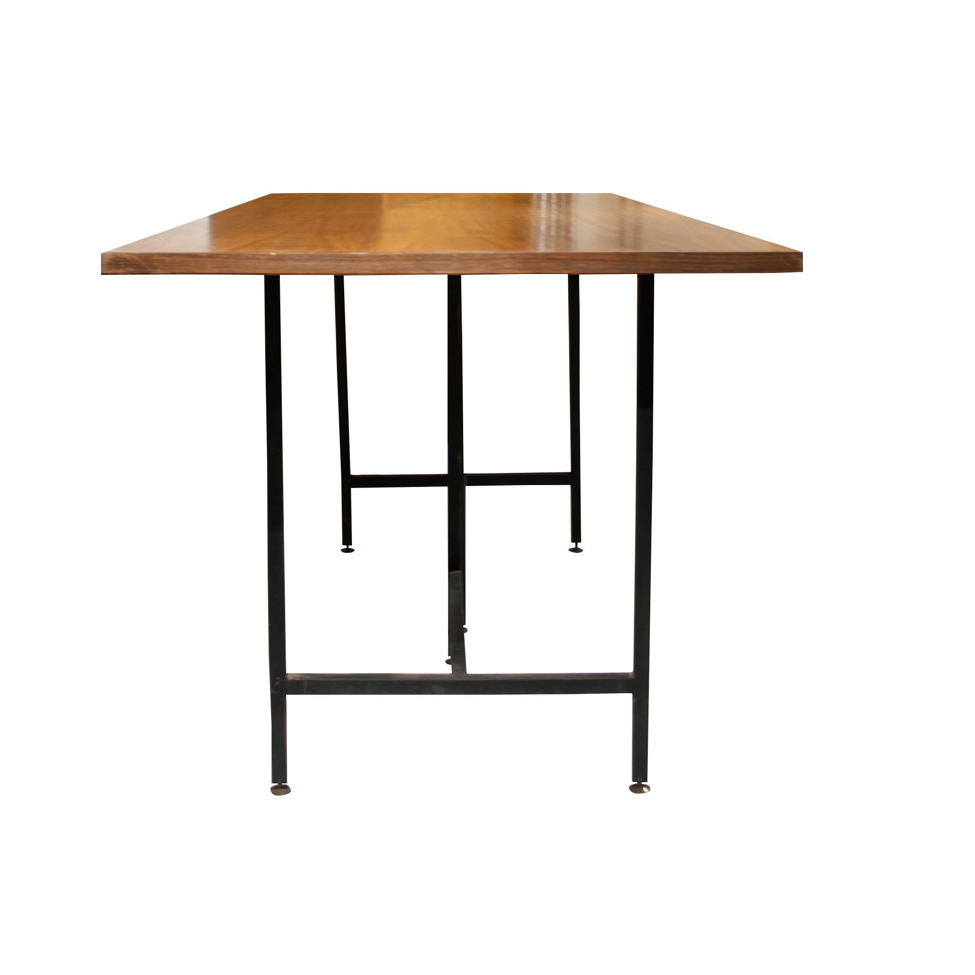 Italian Mid-Century Modern Teak Wooden Desk With Black Lacquered Iron Base, Italy, 1950  For Sale