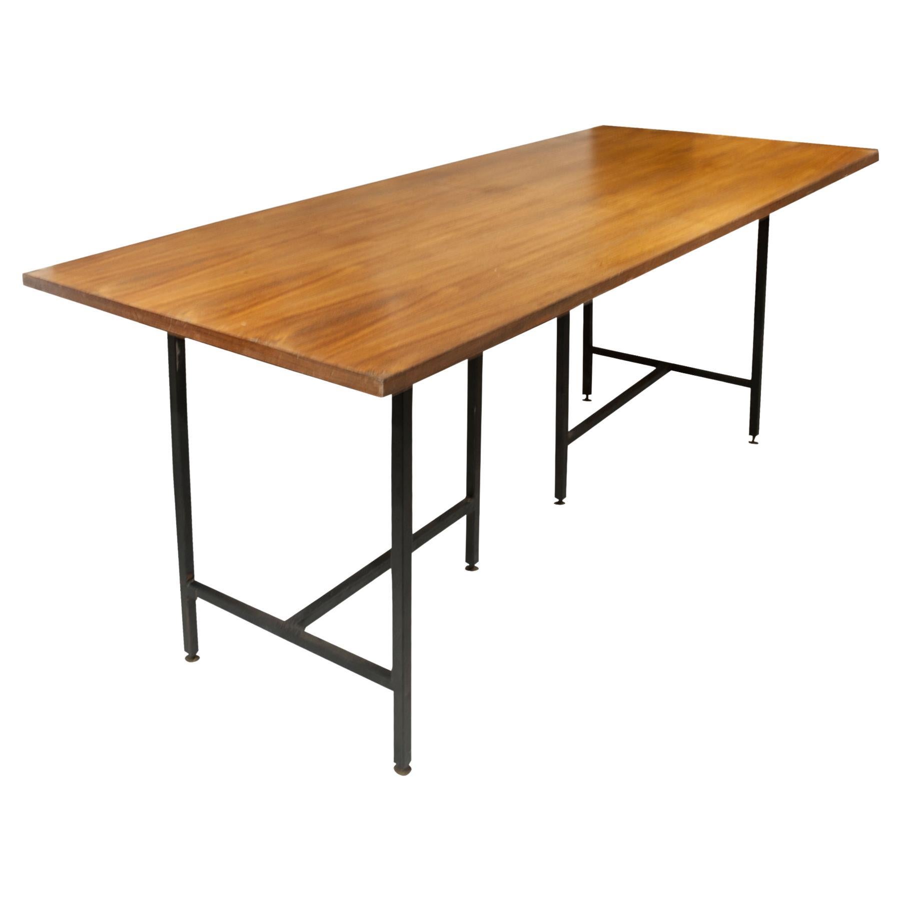 Mid-Century Modern Teak Wooden Desk With Black Lacquered Iron Base, Italy, 1950  For Sale