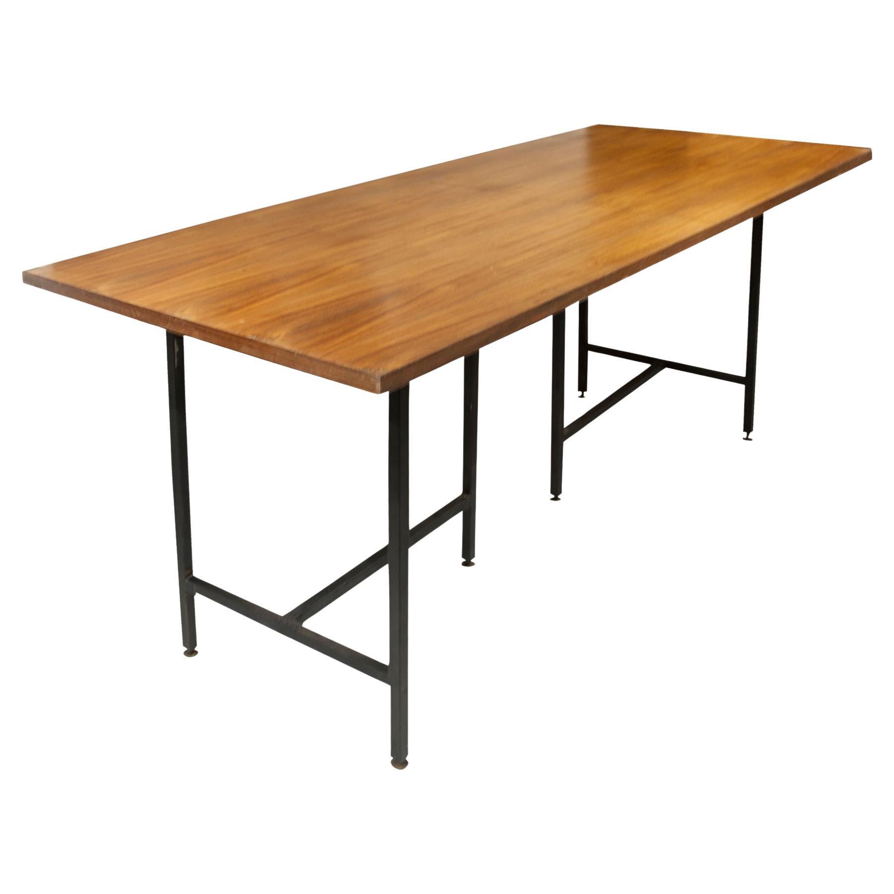 Mid-Century Modern Teak Wooden Desk With Black Lacquered Iron Base, Italy, 1950