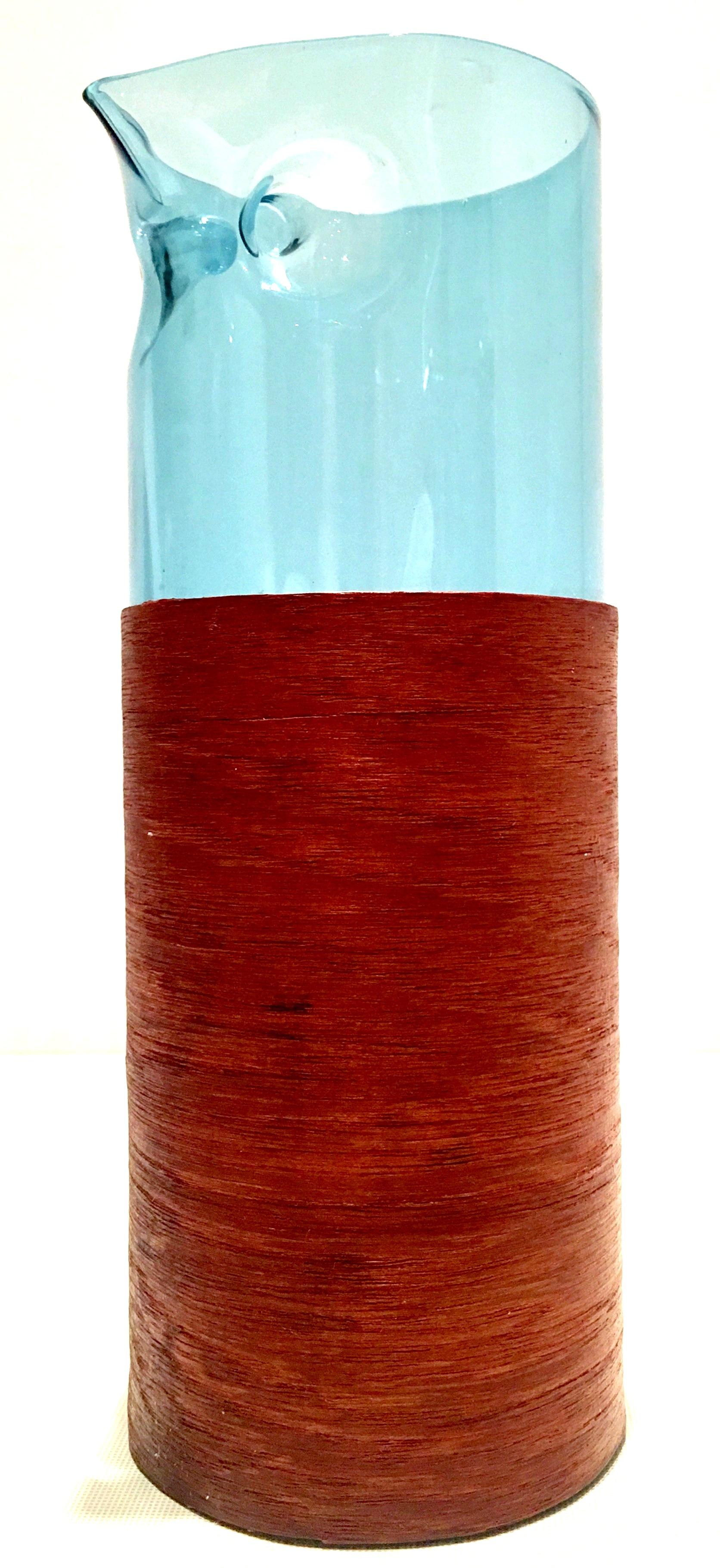 Mid-Century Modern teak bentwood wrapped blue blown glass spouted 