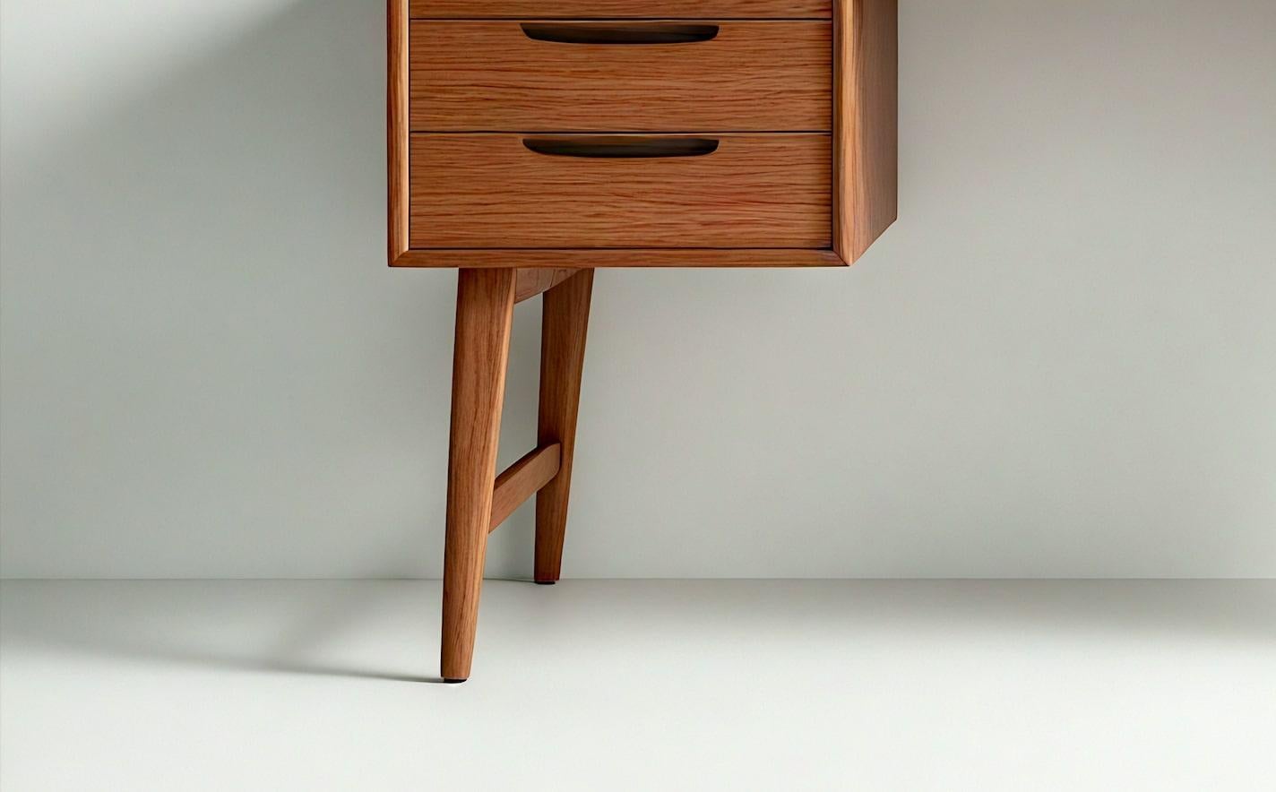 Un raffinato omaggio al design moderno di metà secolo: questa scrivania artigianale è realizzata in legno massiccio proveniente da fonti sostenibili e unisce una forma senza tempo alla funzionalità quotidiana. La sua elegante simmetria e le sue