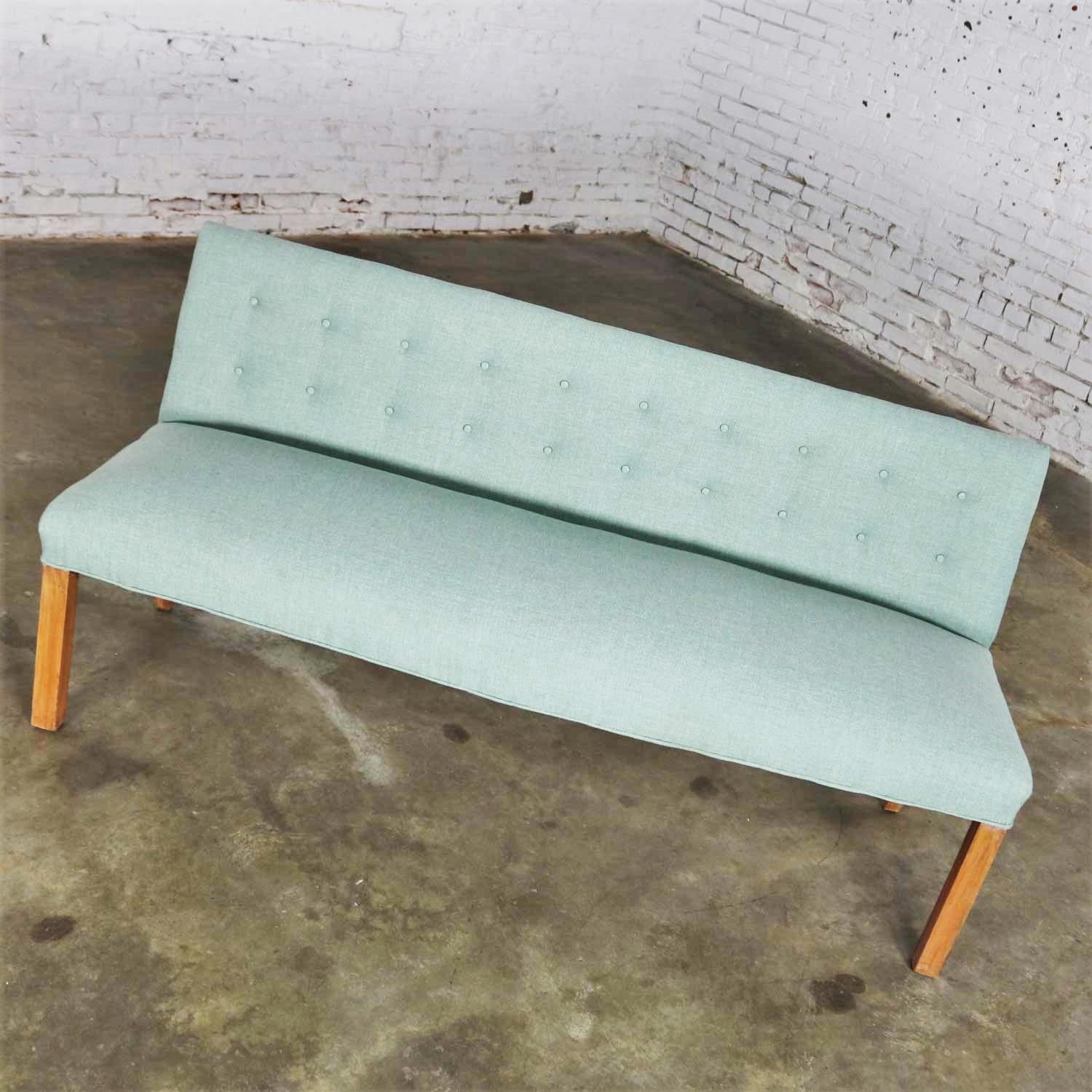 Mid-Century Modern Teal & Blonde Armless Bench with Back Style Tommi Parzinger 1