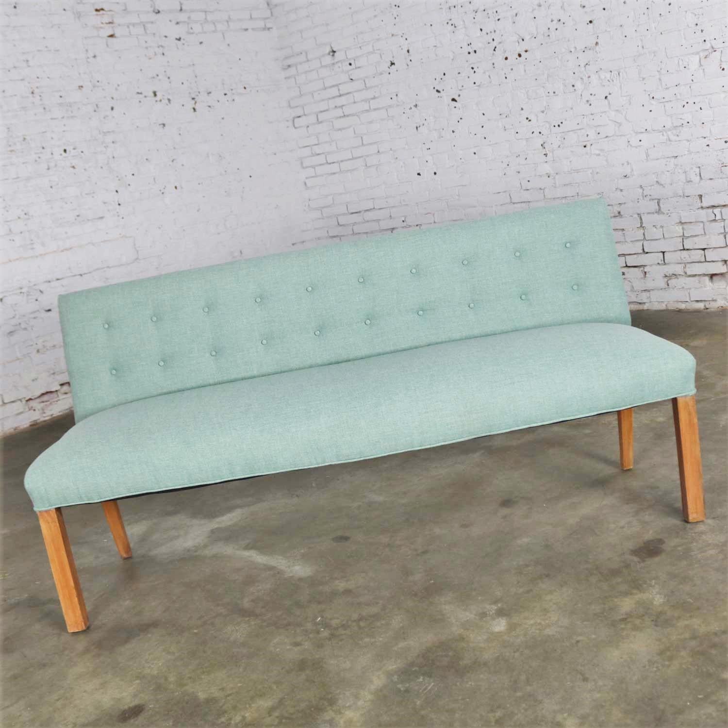 Mid-Century Modern Teal & Blonde Armless Bench with Back Style Tommi Parzinger 2
