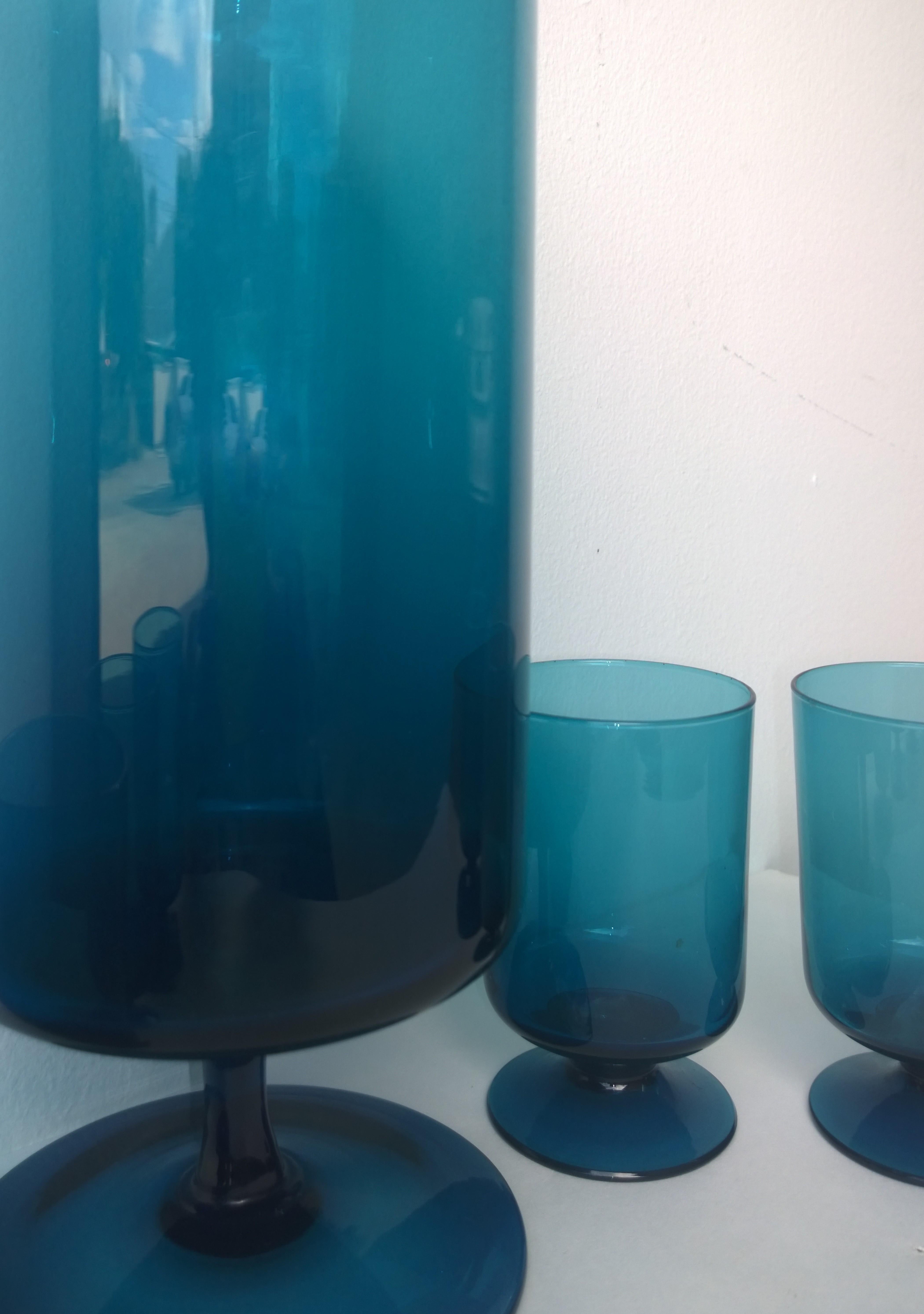 Translucent Teal Blue Blown Glass Decanter w/ Stopper & S/6 Petite Stem Glasses 9