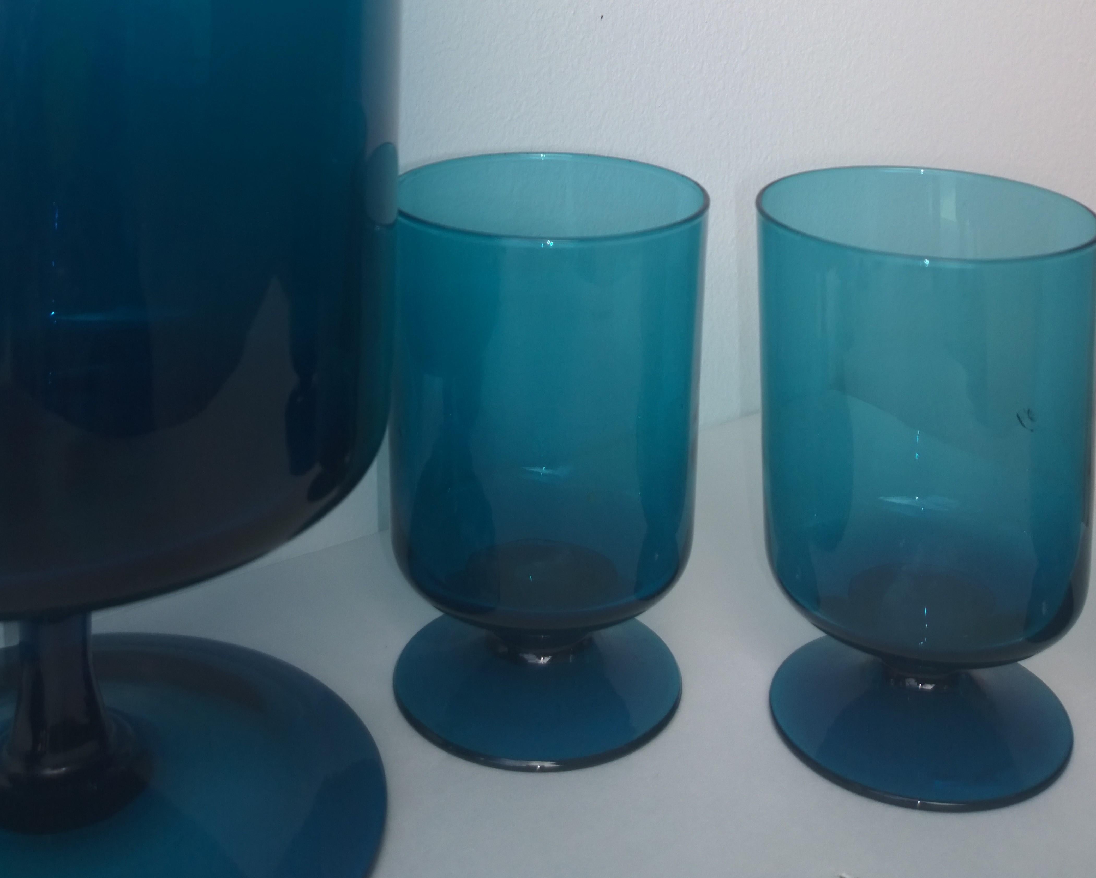 Translucent Teal Blue Blown Glass Decanter w/ Stopper & S/6 Petite Stem Glasses 10