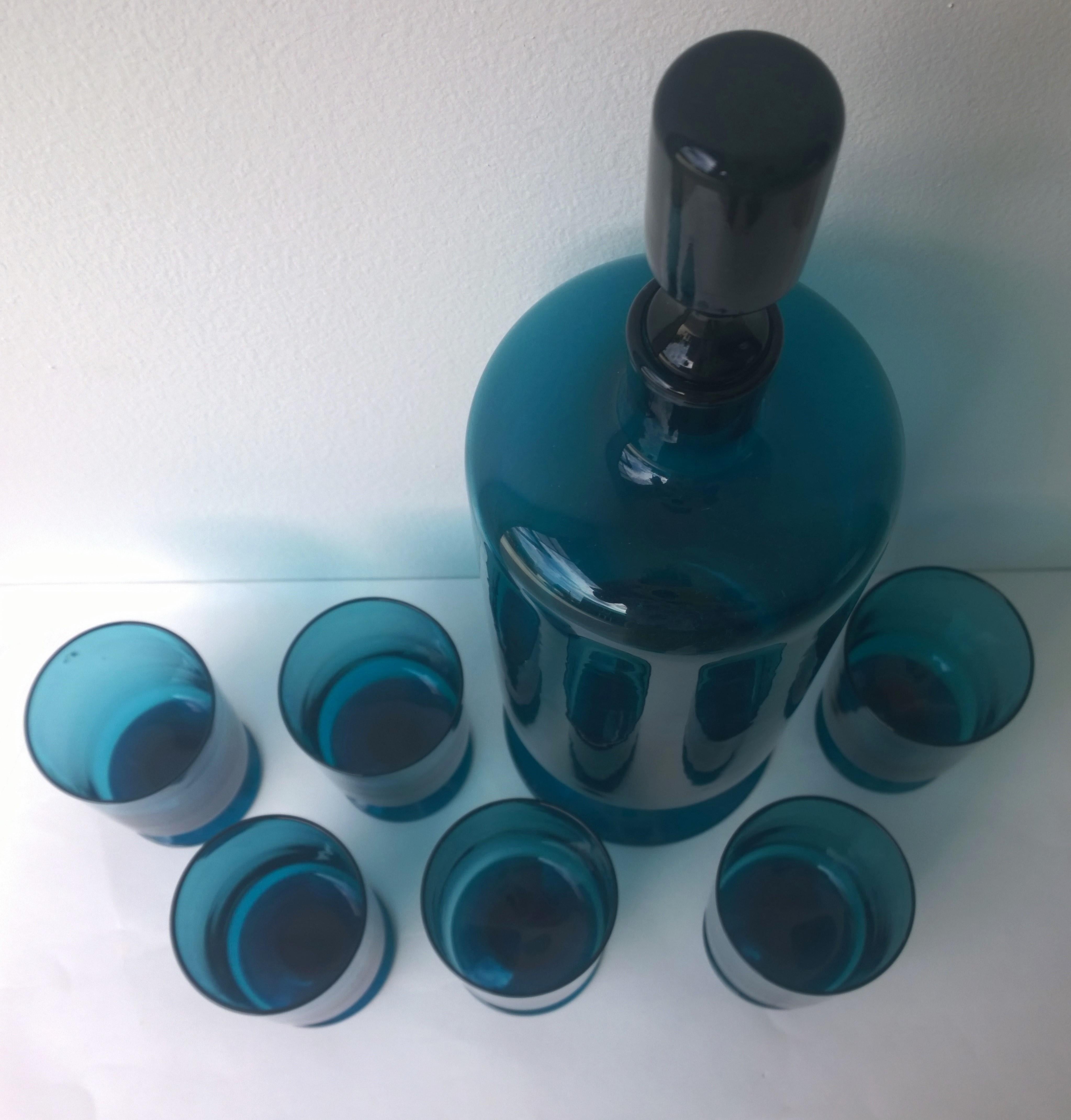 American Translucent Teal Blue Blown Glass Decanter w/ Stopper & S/6 Petite Stem Glasses