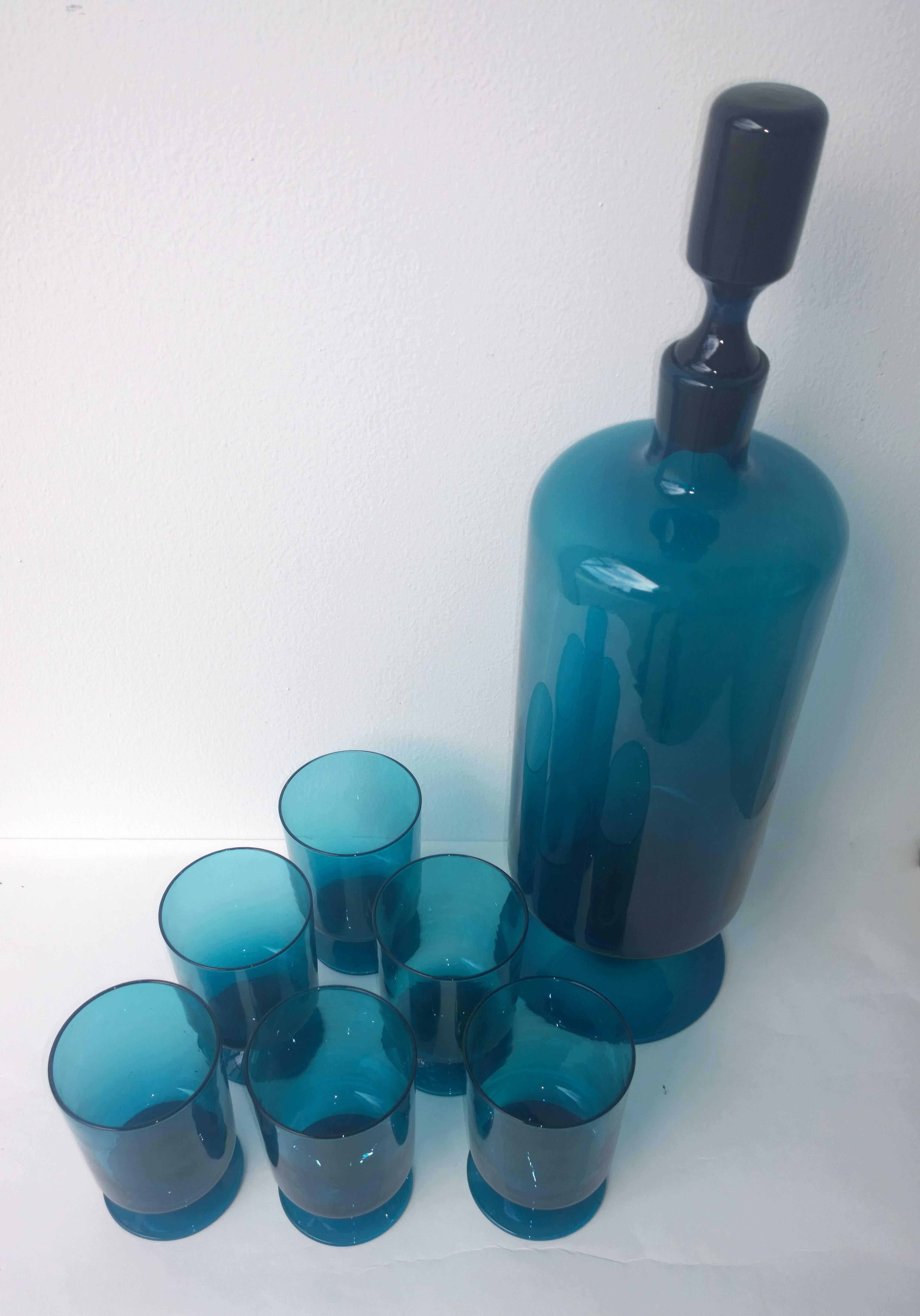 Mid-Century Modern Translucent Teal Blue Blown Glass Decanter w/ Stopper & S/6 Petite Stem Glasses