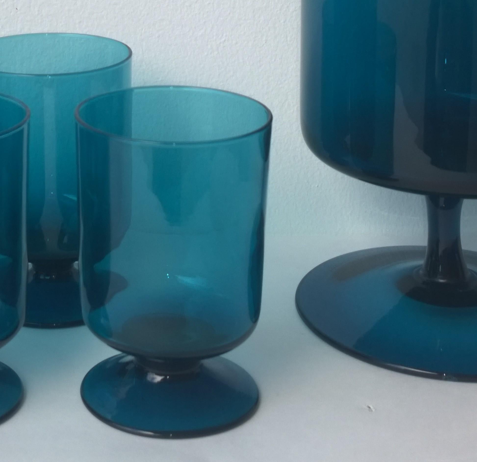20th Century Translucent Teal Blue Blown Glass Decanter w/ Stopper & S/6 Petite Stem Glasses