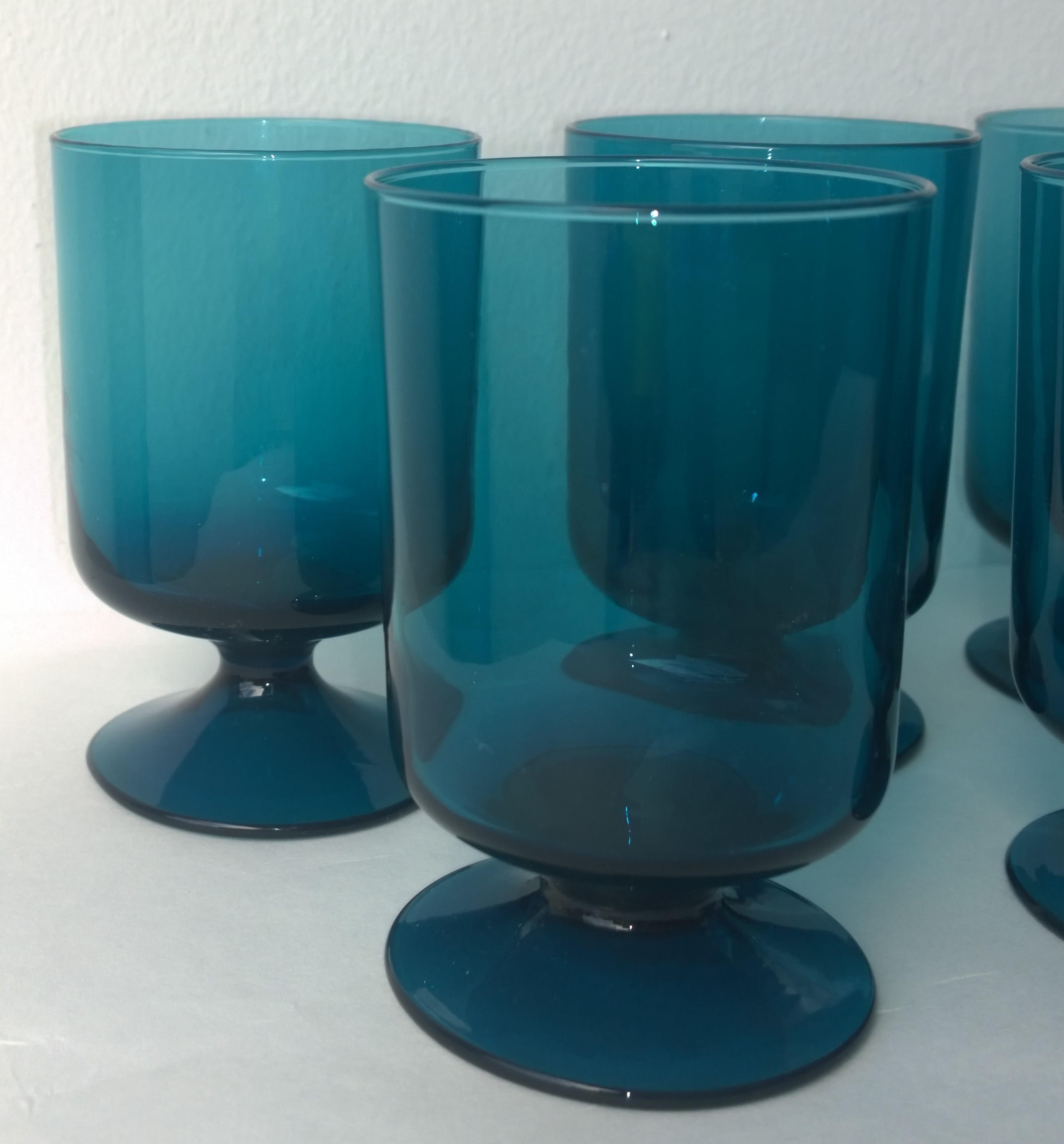 Translucent Teal Blue Blown Glass Decanter w/ Stopper & S/6 Petite Stem Glasses 1