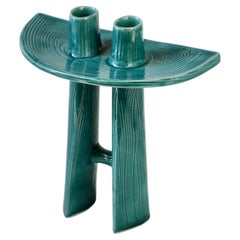 Mid-Century Modern Teal Green German Double Fluted Studio Pottery Vase 1970s
