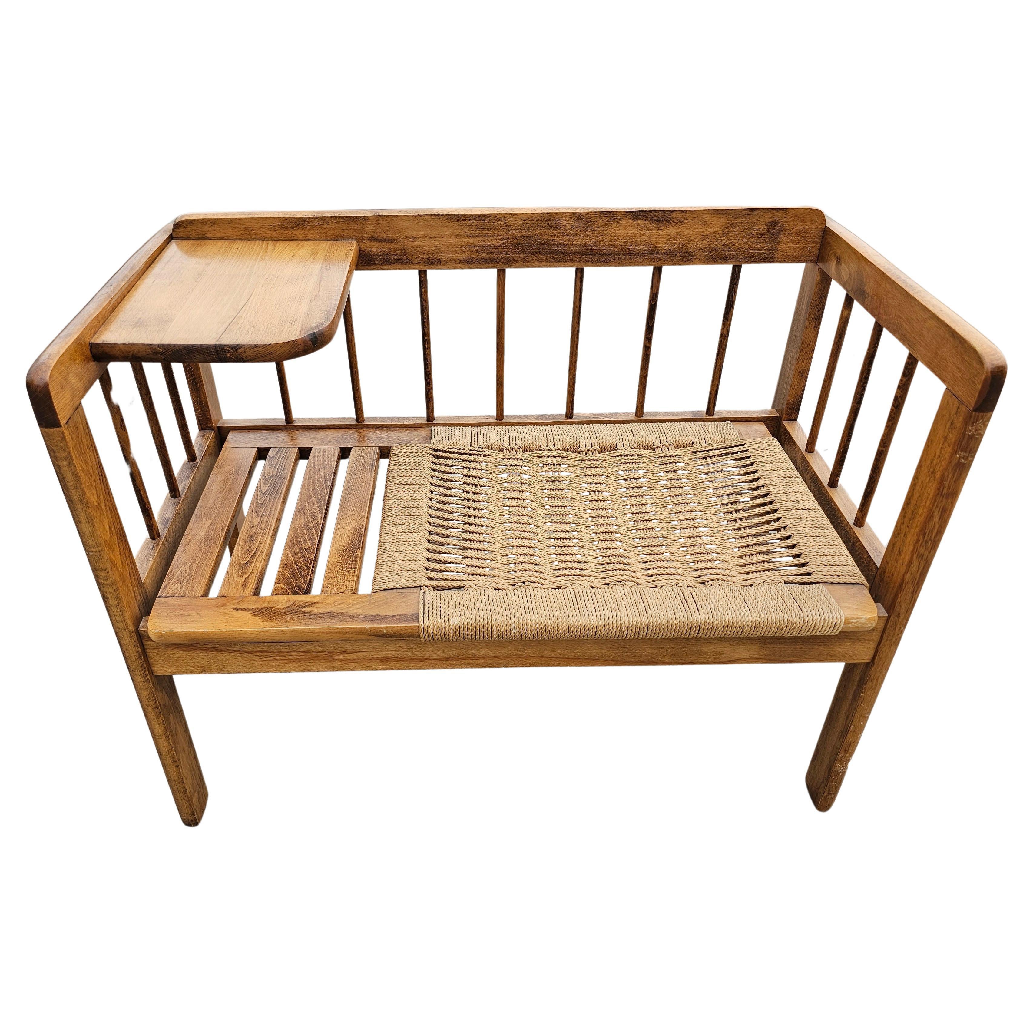 Mid Century Modern Telephone Bench with Danish Paper Cord Seat, Yugoslavia 1960s