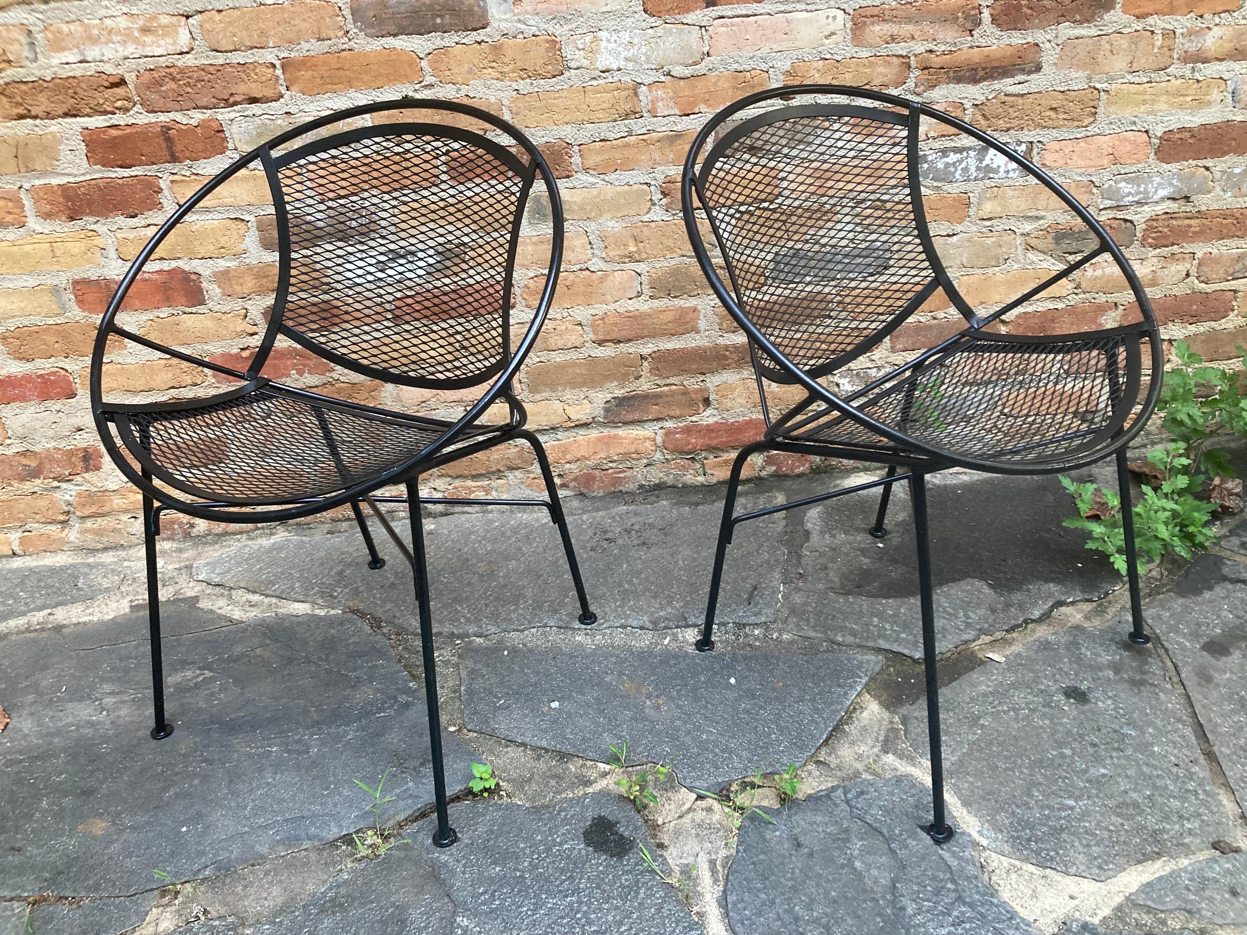 offering pair of satin black wrought iron three seasons or patio lounge chairs designed by Maurizio Tempestini , manufactured by John Salterini
no maker>s mark
multiple sets available

30.25ʺW × 27ʺD × 27.5ʺH

shipping from athens, ga