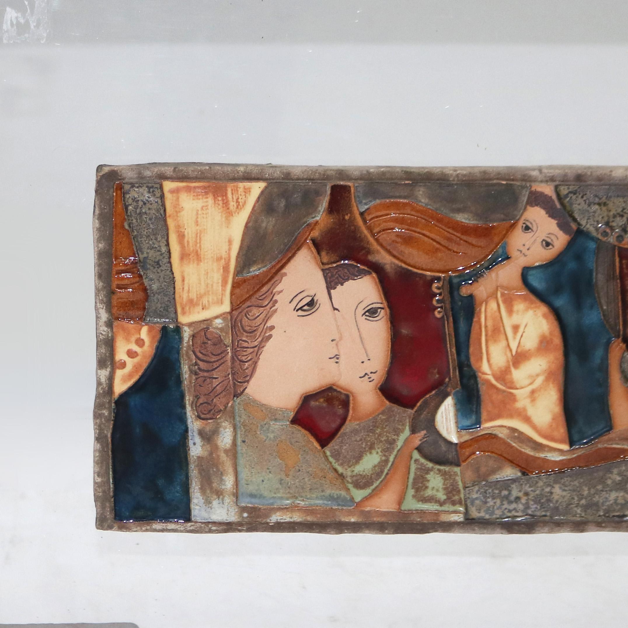 Mid Century Modern Terra Cotta Tile Portrait Plaque with Figures 20thC In Good Condition In Big Flats, NY