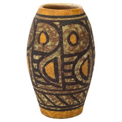 Mid-Century Modern Terracotta Vase w/ Geometric Ochre & Tangerine Detailing