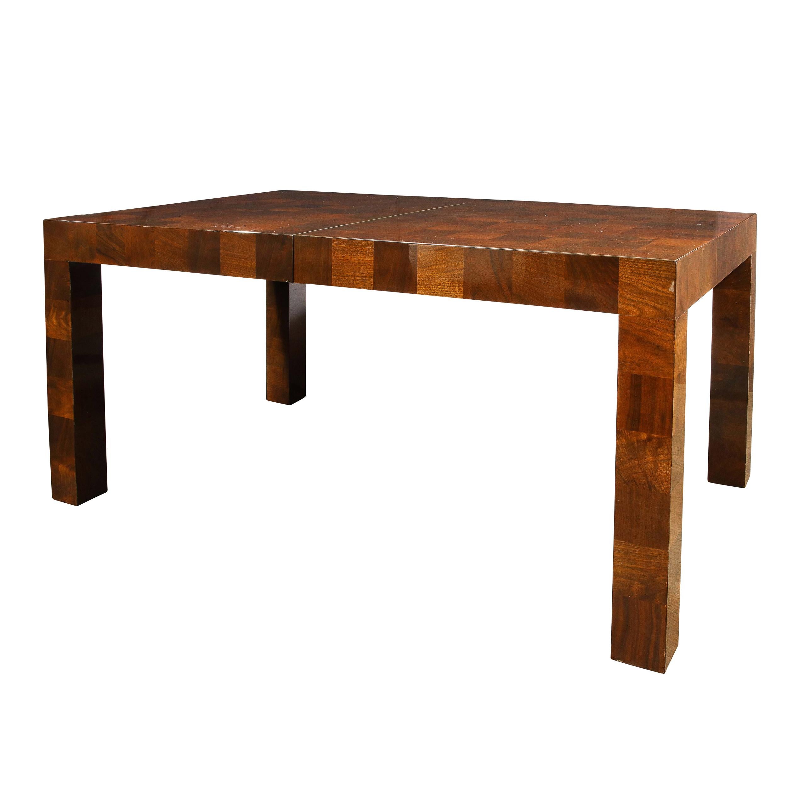 Late 20th Century Mid Century Modern Tessellated Bookmatched Burled Walnut Parsons Dining Table