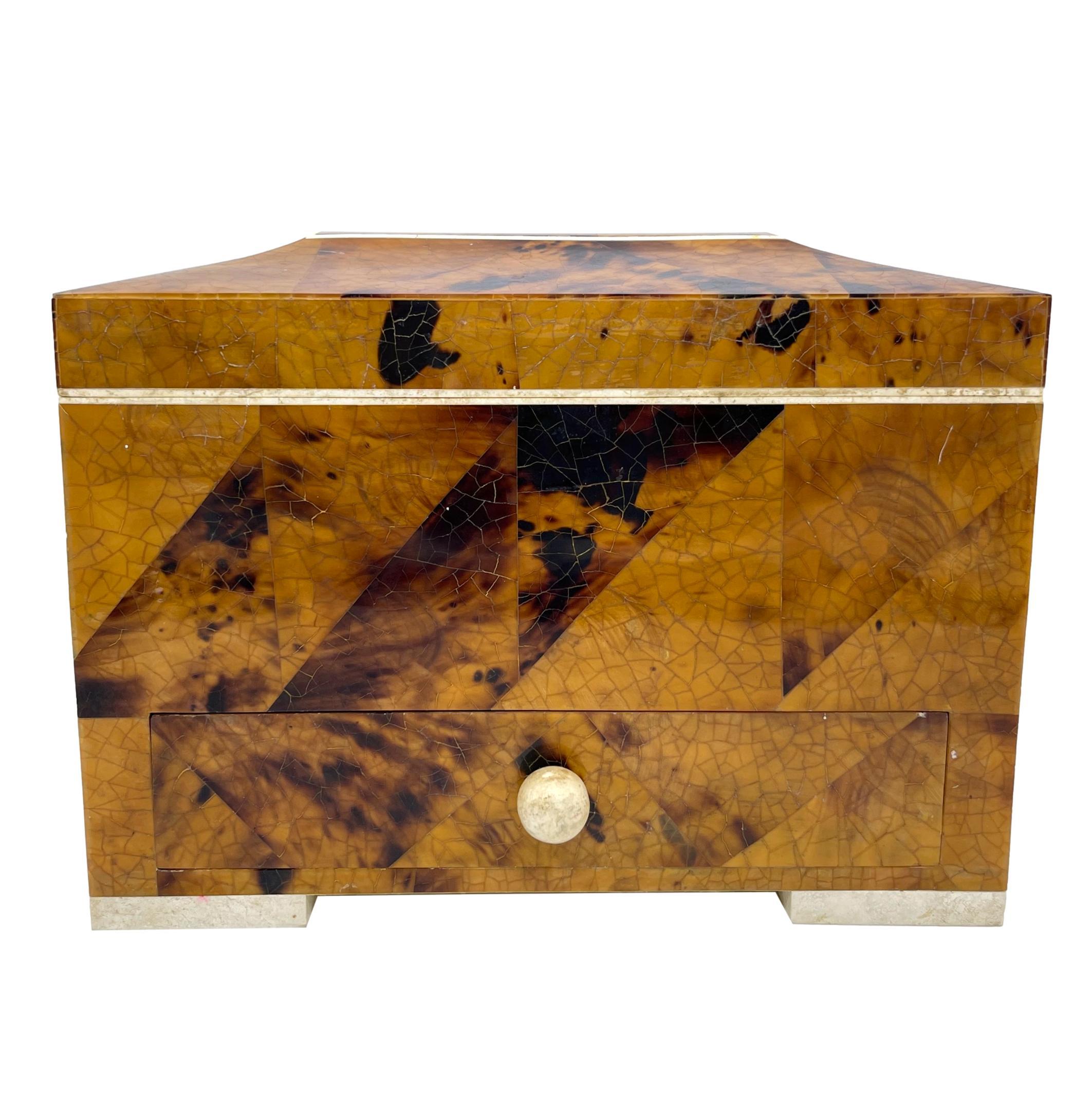 Mid-Century Modern Tessellated Horn & Stone large box, designed by Eugenio Tavola for Oggetti, of saracphagus shape with a hinged lid, the interior lined with original fabric, with a single drawer, the reverse with foil stamp, 'TAVOLA by OGGETTI.'.