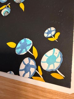 Mid-Century Modern Textile Design Gouache — Floral Pattern on Black