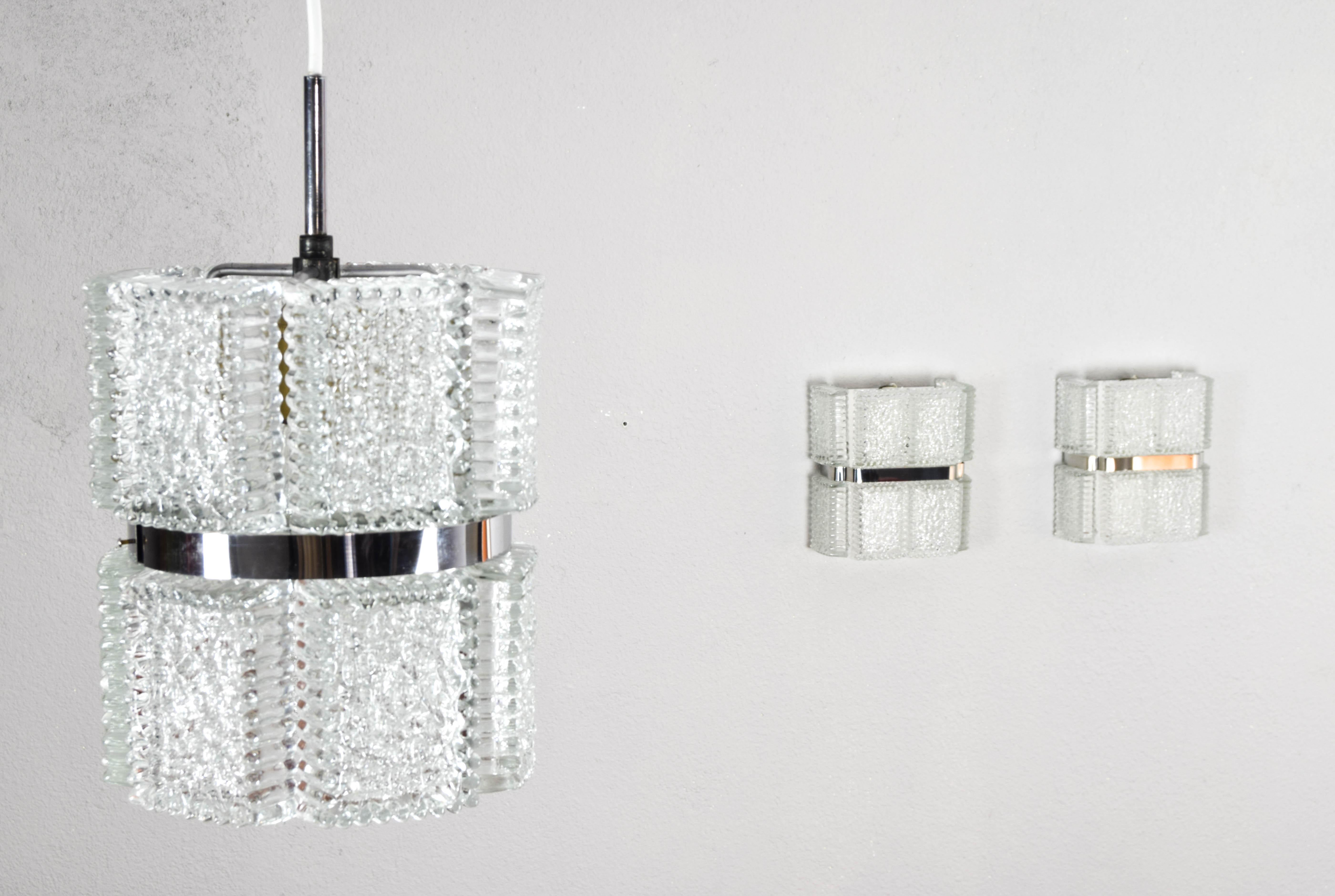 Steel Mid-Century Modern Textured Crystal Kaiser Chandelier and Sconces, Germany, 1960