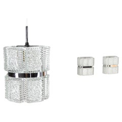 Mid-Century Modern Textured Crystal Kaiser Chandelier and Sconces, Germany, 1960