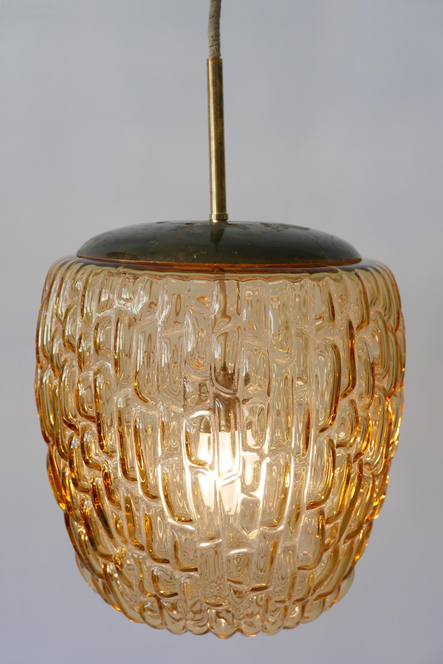 Brass Mid-Century Modern Textured Glass Pendant Lamp by Rupert Nikoll, 1950s, Austria For Sale