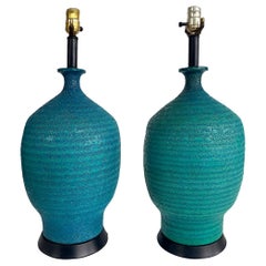 Mid-century Modern Textured Glazed Pottery Lamps, Pair, Quartite Creative Corp.