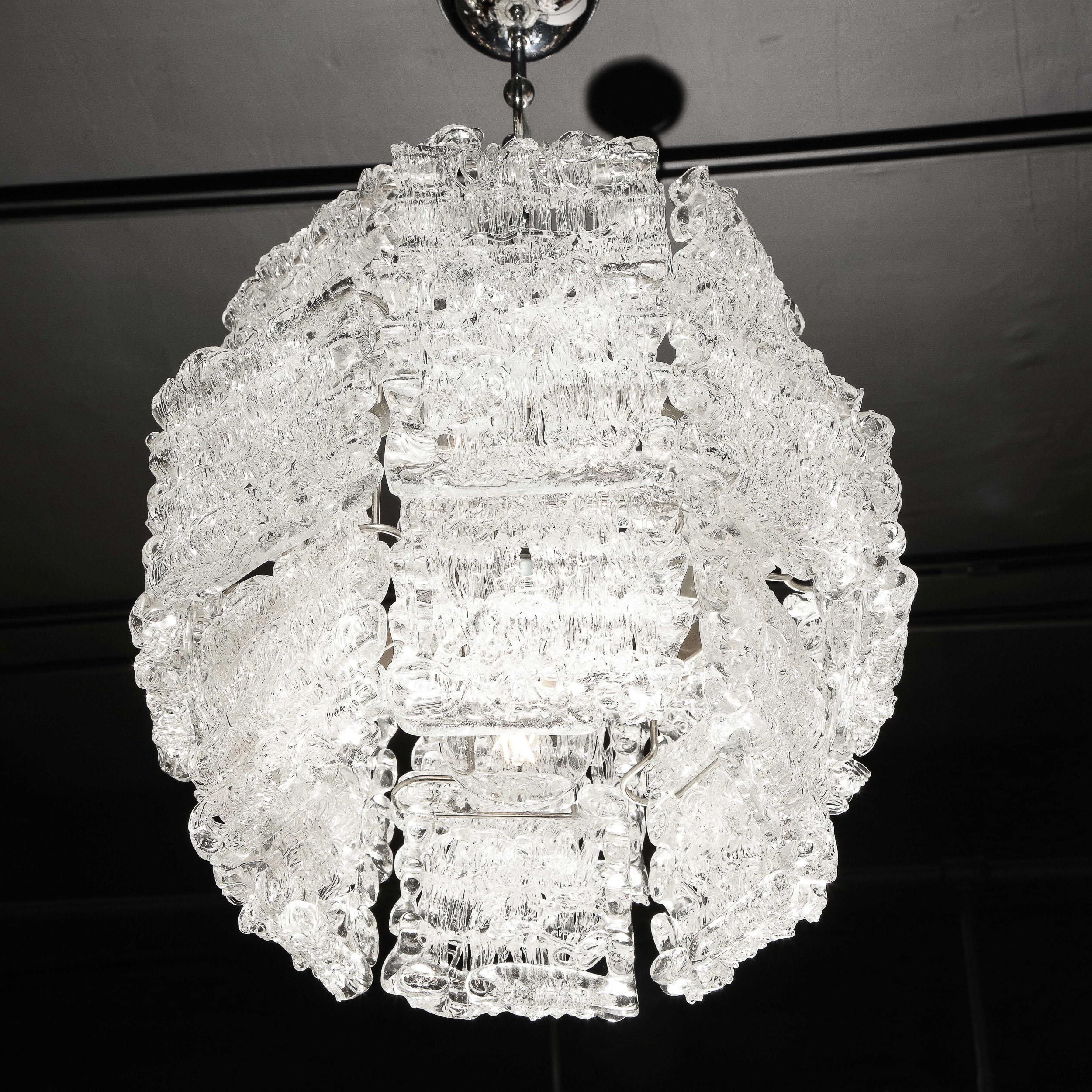 Mid-Century Modern Textured Translucent Glass Chandelier with Chrome Fittings For Sale 5