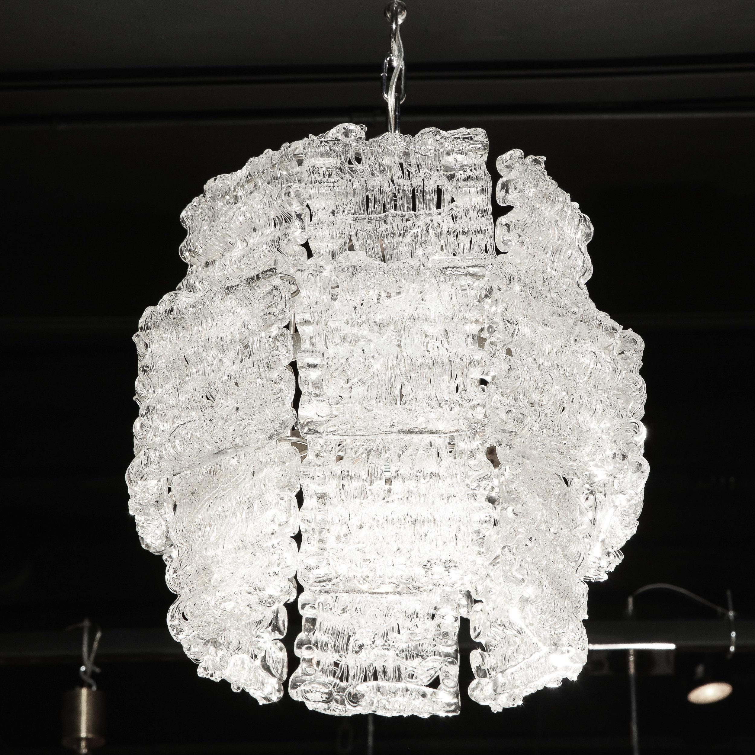 Italian Mid-Century Modern Textured Translucent Glass Chandelier with Chrome Fittings For Sale