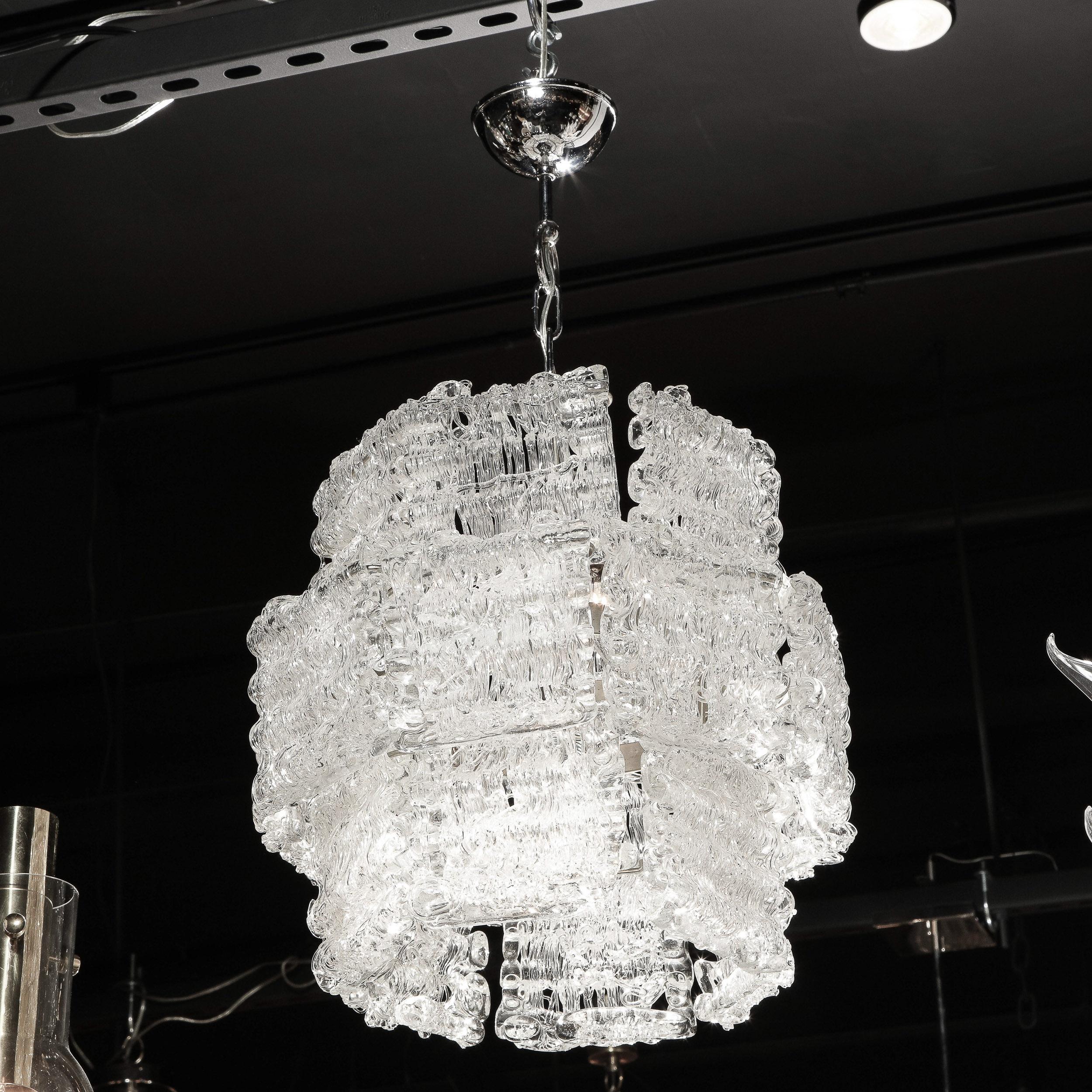 Mid-Century Modern Textured Translucent Glass Chandelier with Chrome Fittings In Good Condition For Sale In New York, NY