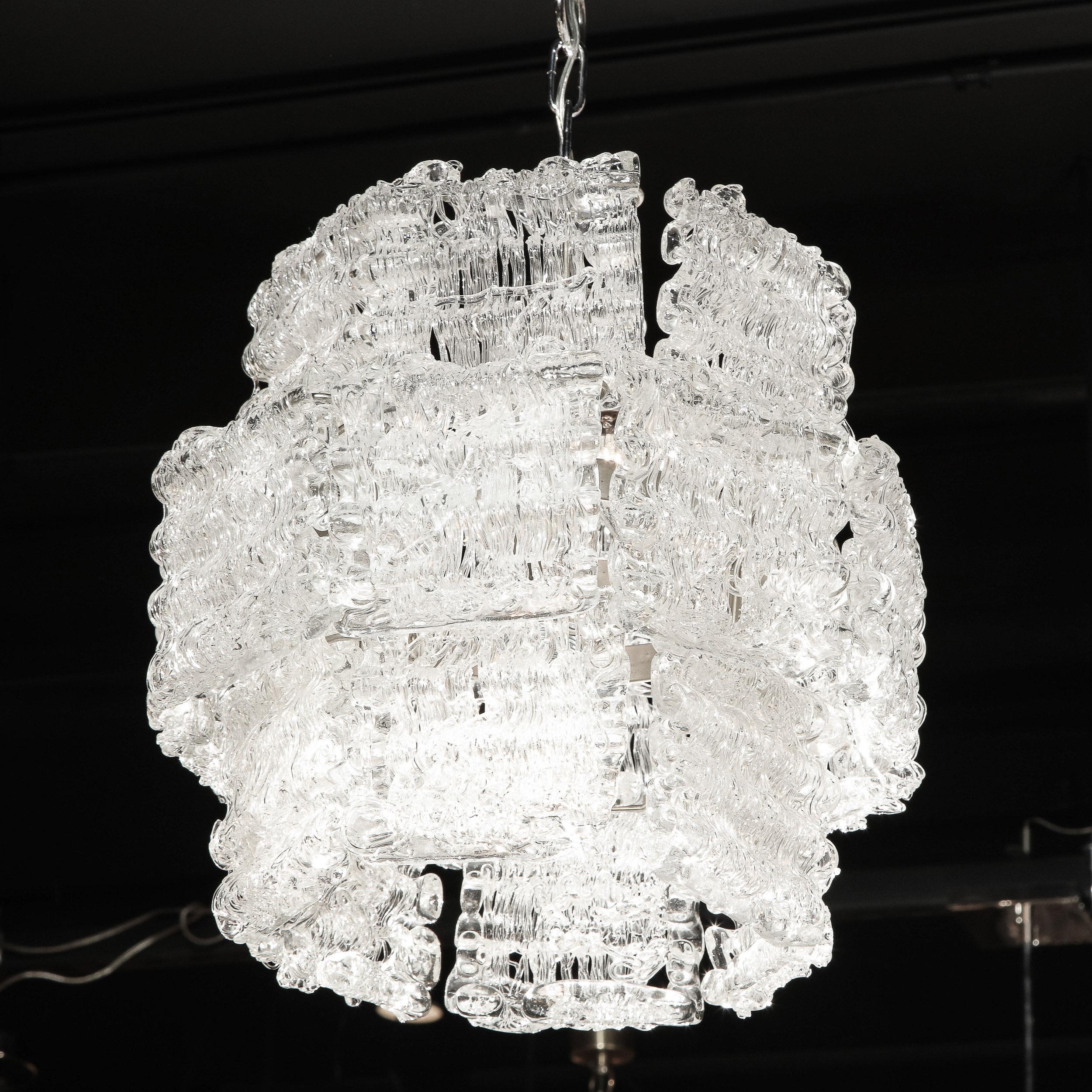 Late 20th Century Mid-Century Modern Textured Translucent Glass Chandelier with Chrome Fittings For Sale
