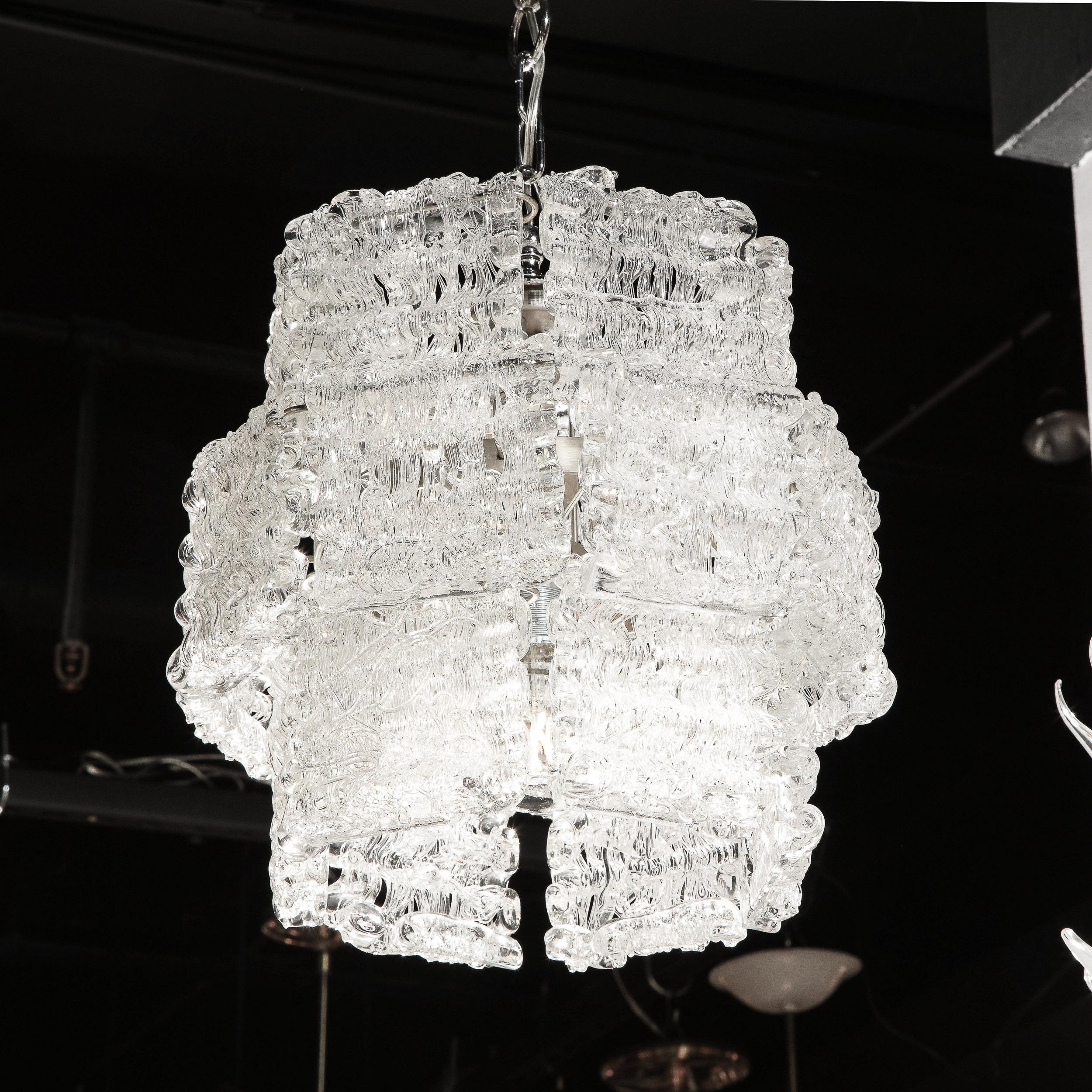 Murano Glass Mid-Century Modern Textured Translucent Glass Chandelier with Chrome Fittings For Sale