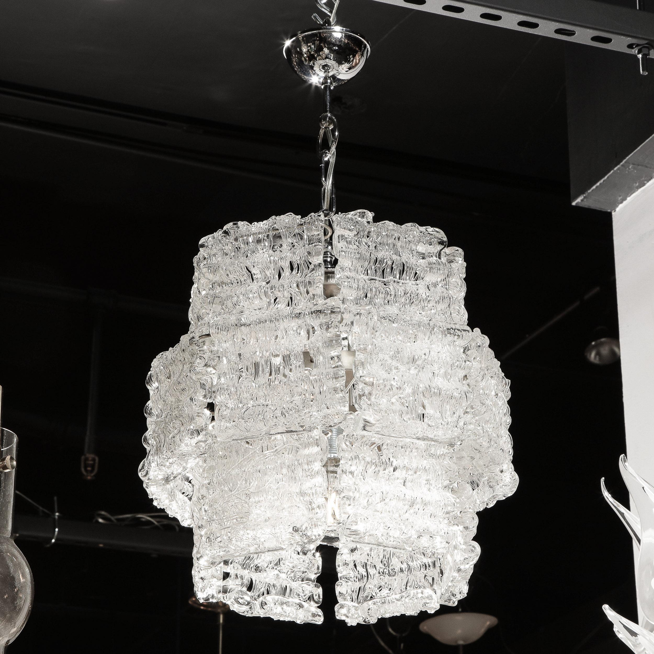 Mid-Century Modern Textured Translucent Glass Chandelier with Chrome Fittings For Sale 1