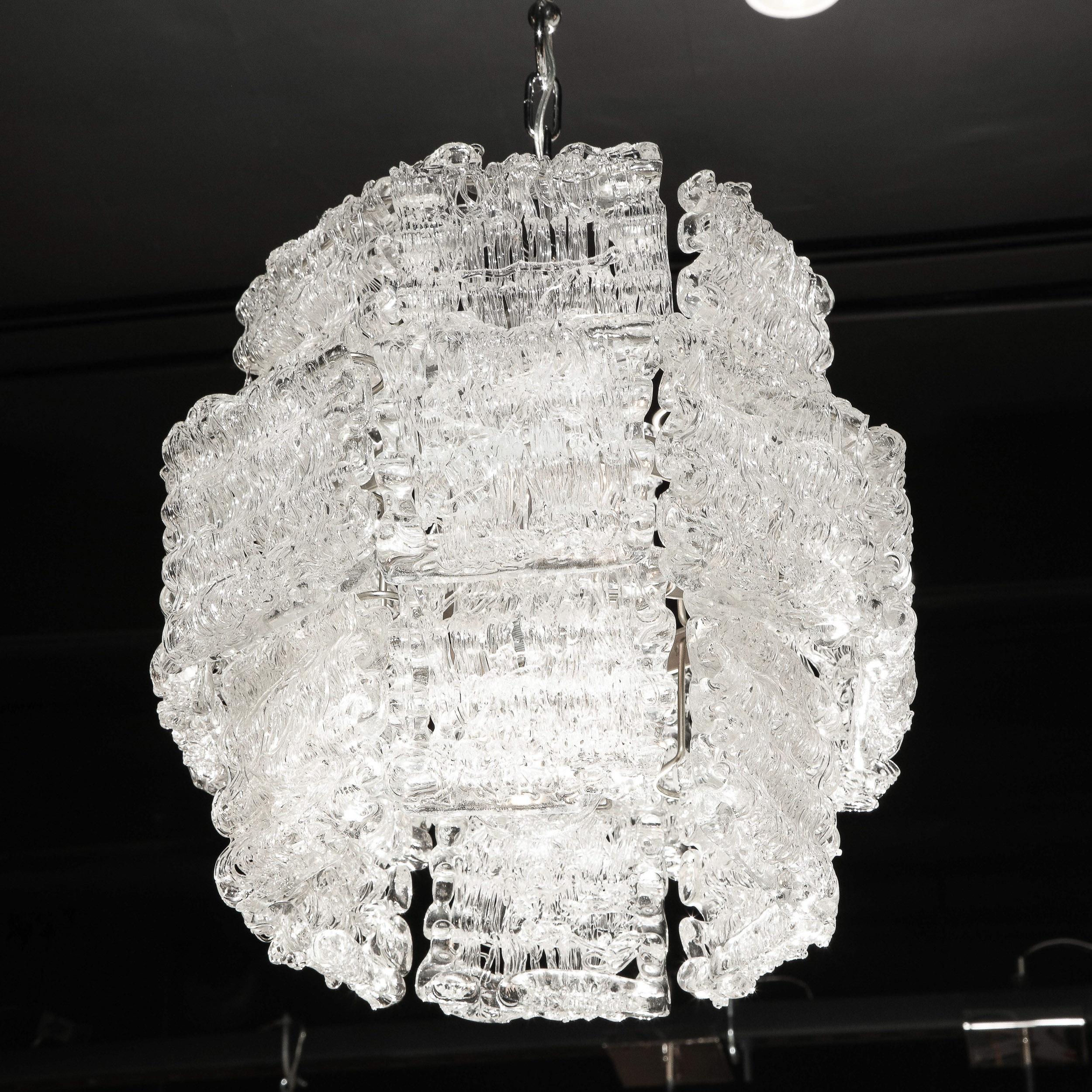 Mid-Century Modern Textured Translucent Glass Chandelier with Chrome Fittings For Sale 2