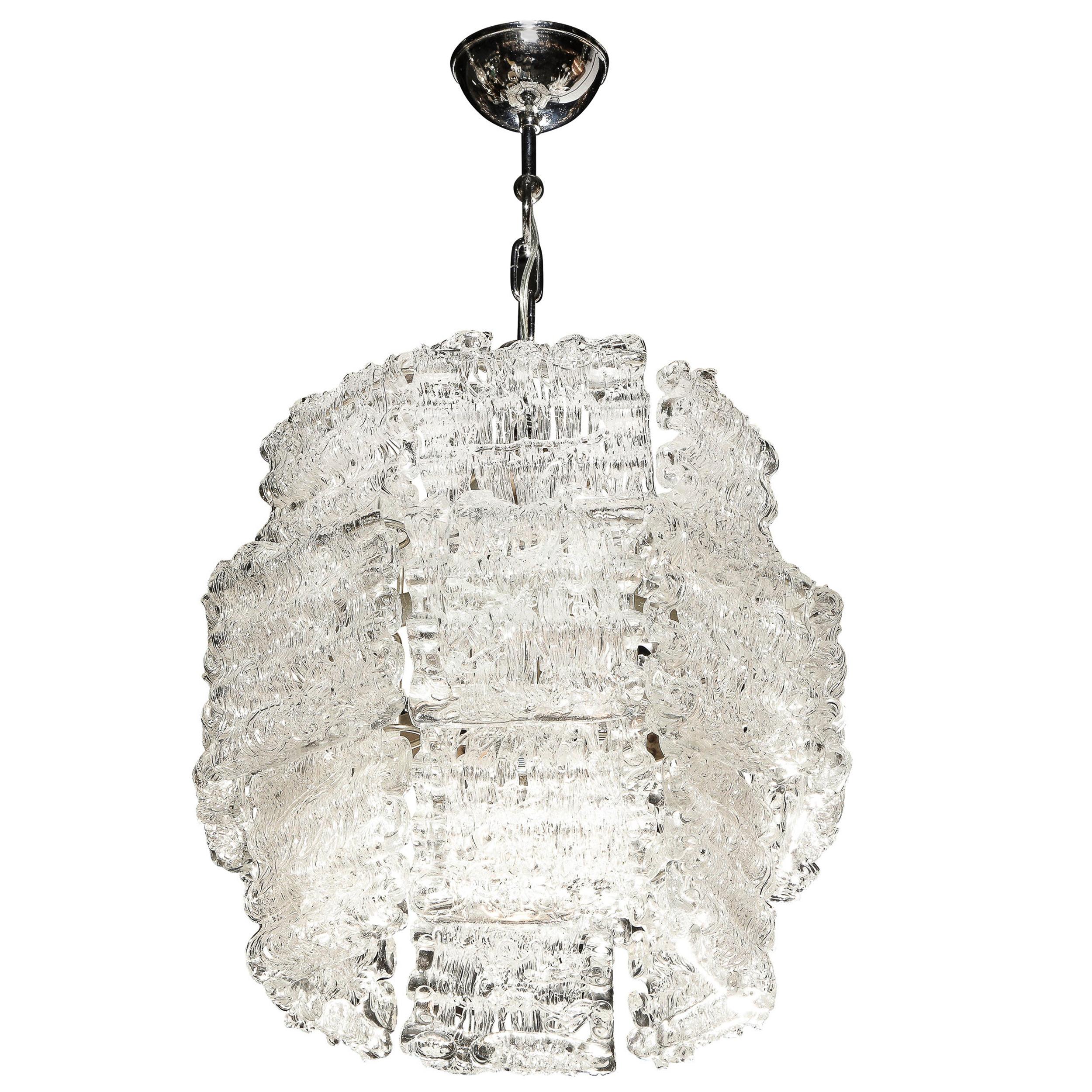 Mid-Century Modern Textured Translucent Glass Chandelier with Chrome Fittings For Sale